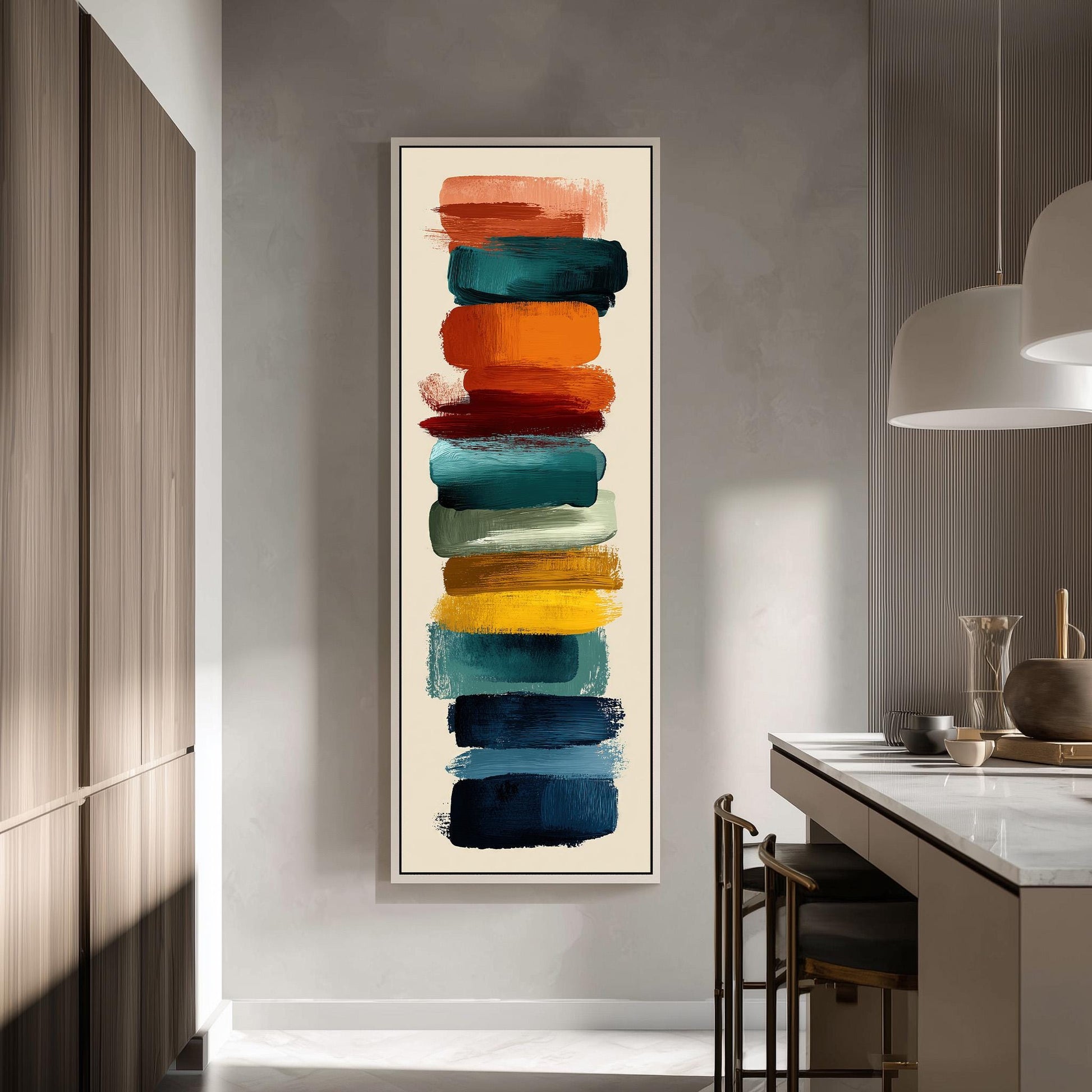 a modern kitchen with a large abstract painting hanging on the wall. The painting consists of a series of vertical brushstrokes in various colors, creating a vibrant and dynamic visual effect. The kitchen is well-equipped with a countertop, cabinets, and a dining table, creating a functional and stylish space.