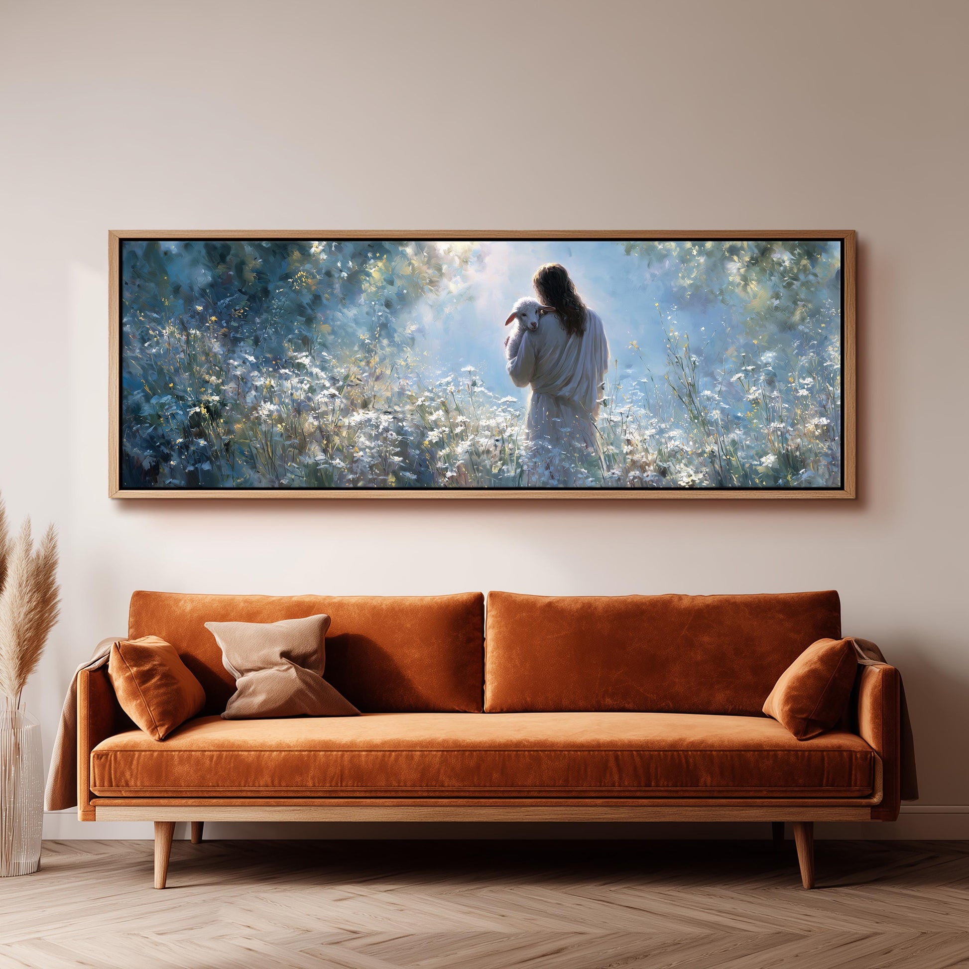 a large, framed painting of a woman standing in a field of flowers, with a serene and peaceful atmosphere.