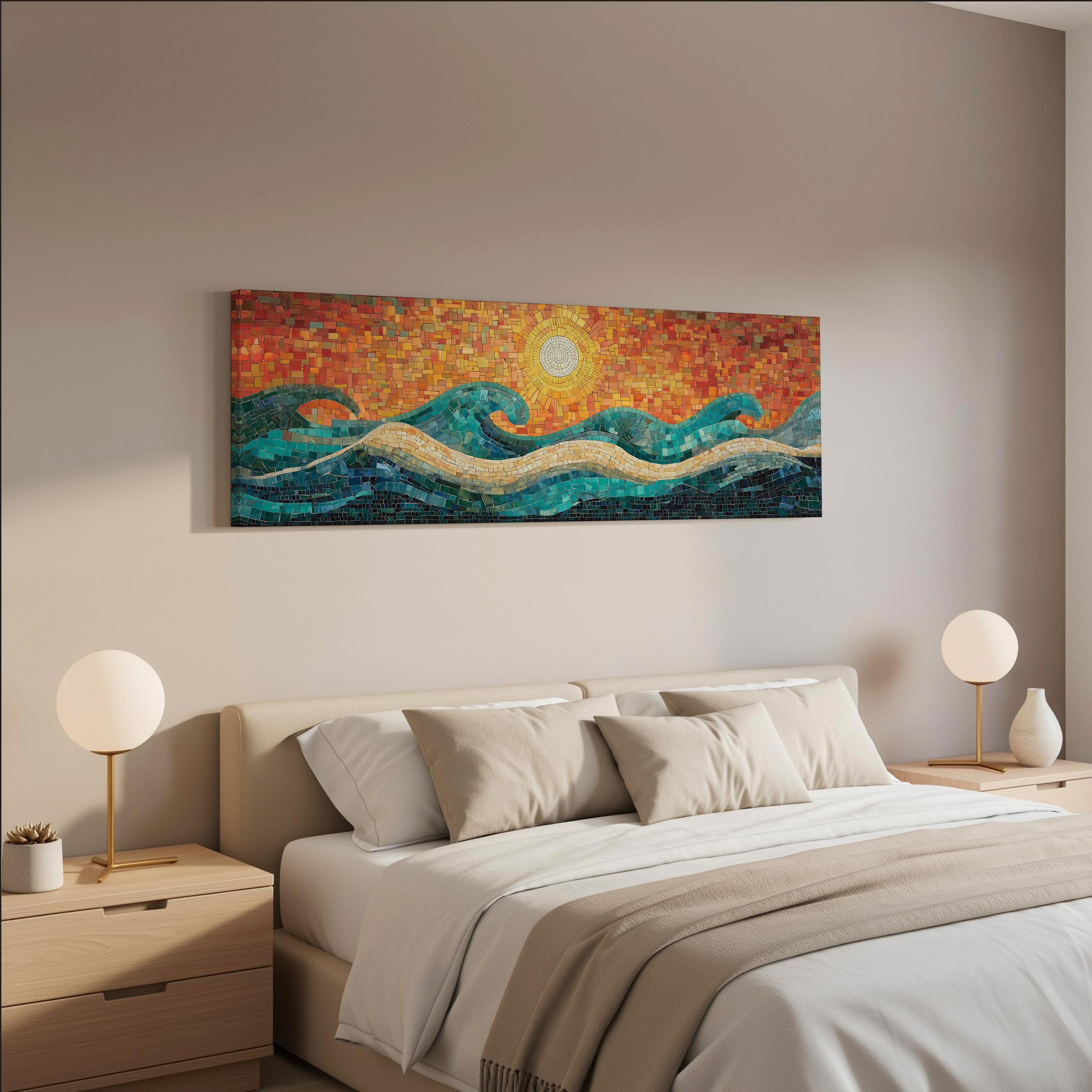 a serene bedroom scene with a large bed adorned with white linens and beige pillows. Above the bed, a vibrant mosaic artwork depicting a sunset over a body of water is displayed on the wall. The room is further decorated with two white lamps on nightstands, creating a warm and inviting atmosphere.