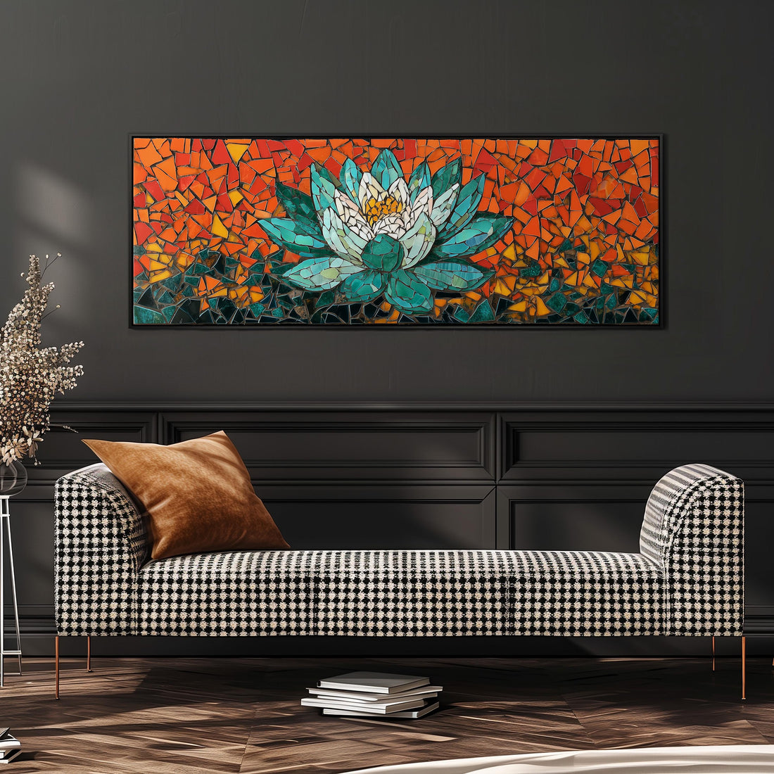 a large, vibrant mosaic artwork depicting a lotus flower, which is hanging on a wall above a brown sofa.