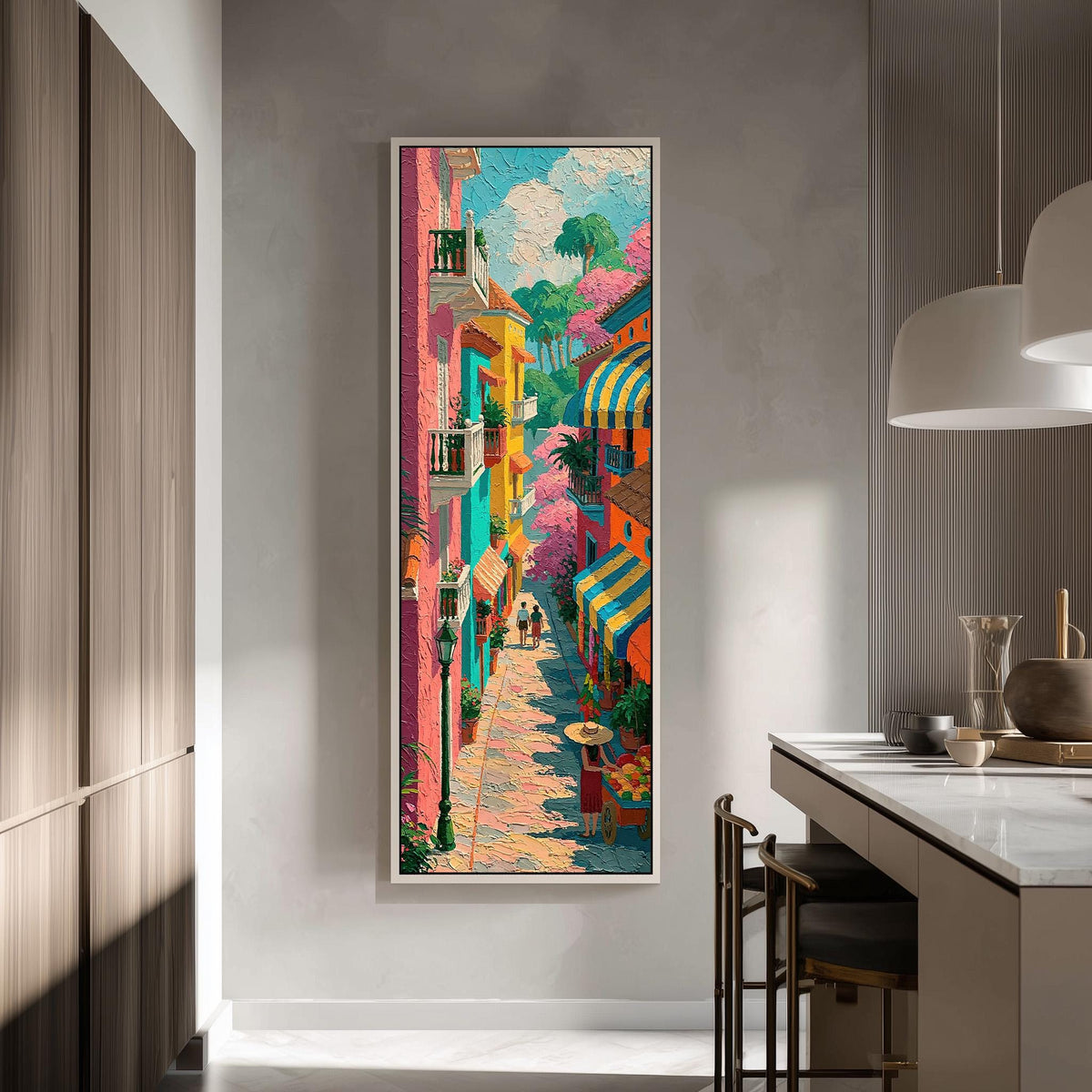 Colorful street with balconies and awnings tall skinny canvas print in a modern kitchen