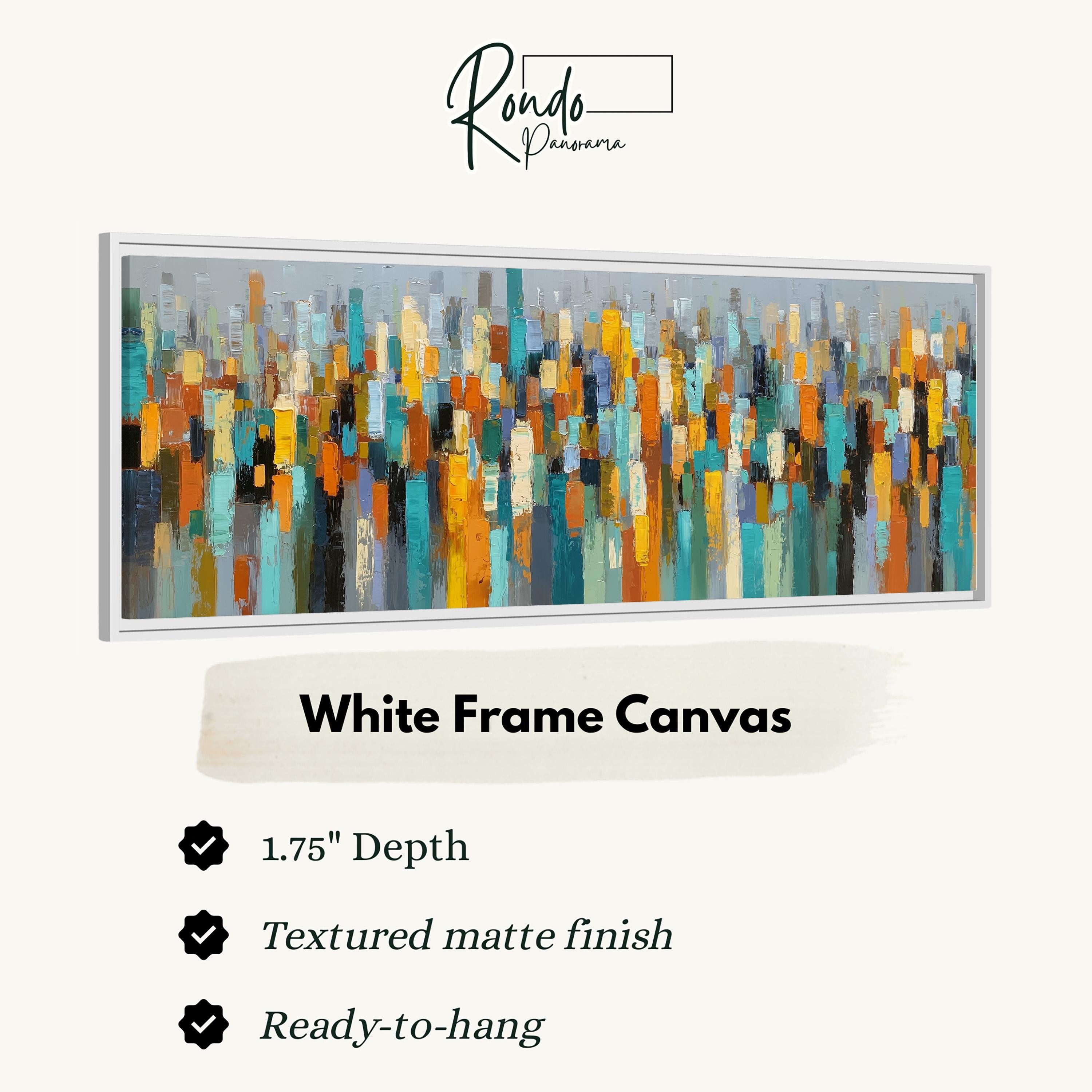 The image is a framed artwork depicting a cityscape with tall buildings in various colors.