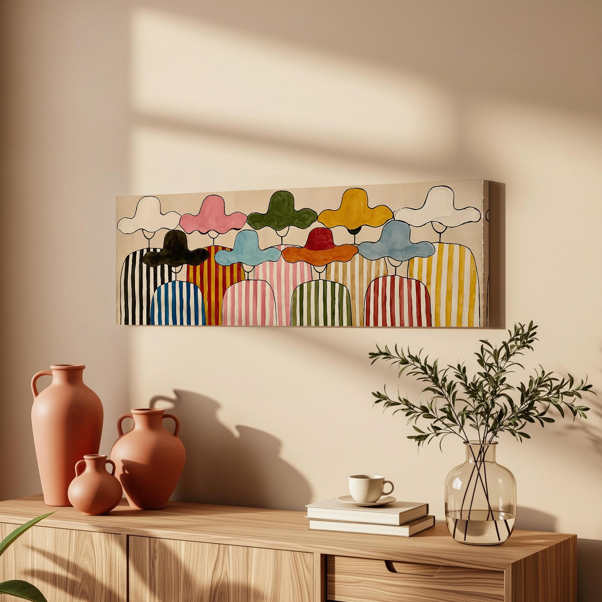 Gathering of figures in straw hats and stripes long horizontal canvas print above a wooden sideboard