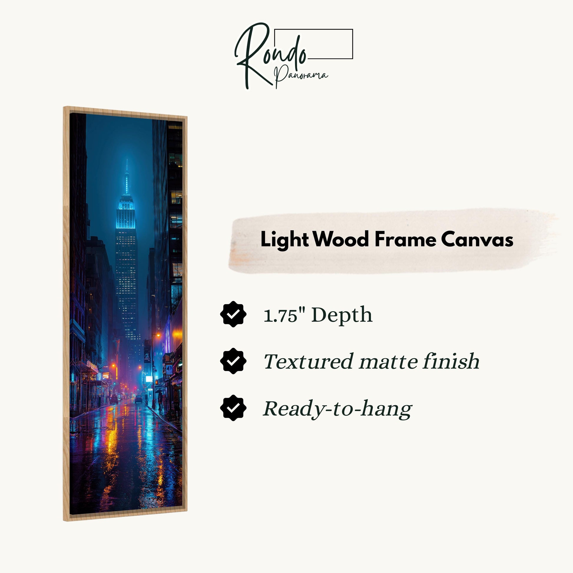 The image is a vertical wooden frame canvas depicting a city street at night with illuminated buildings and a bright blue sky.