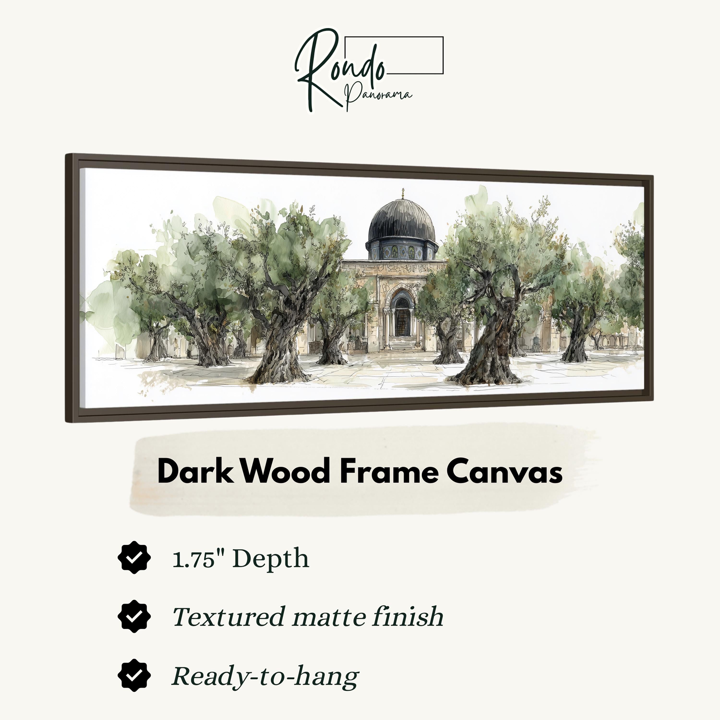 The image is a dark wood frame canvas depicting a scene with a domed building surrounded by trees.