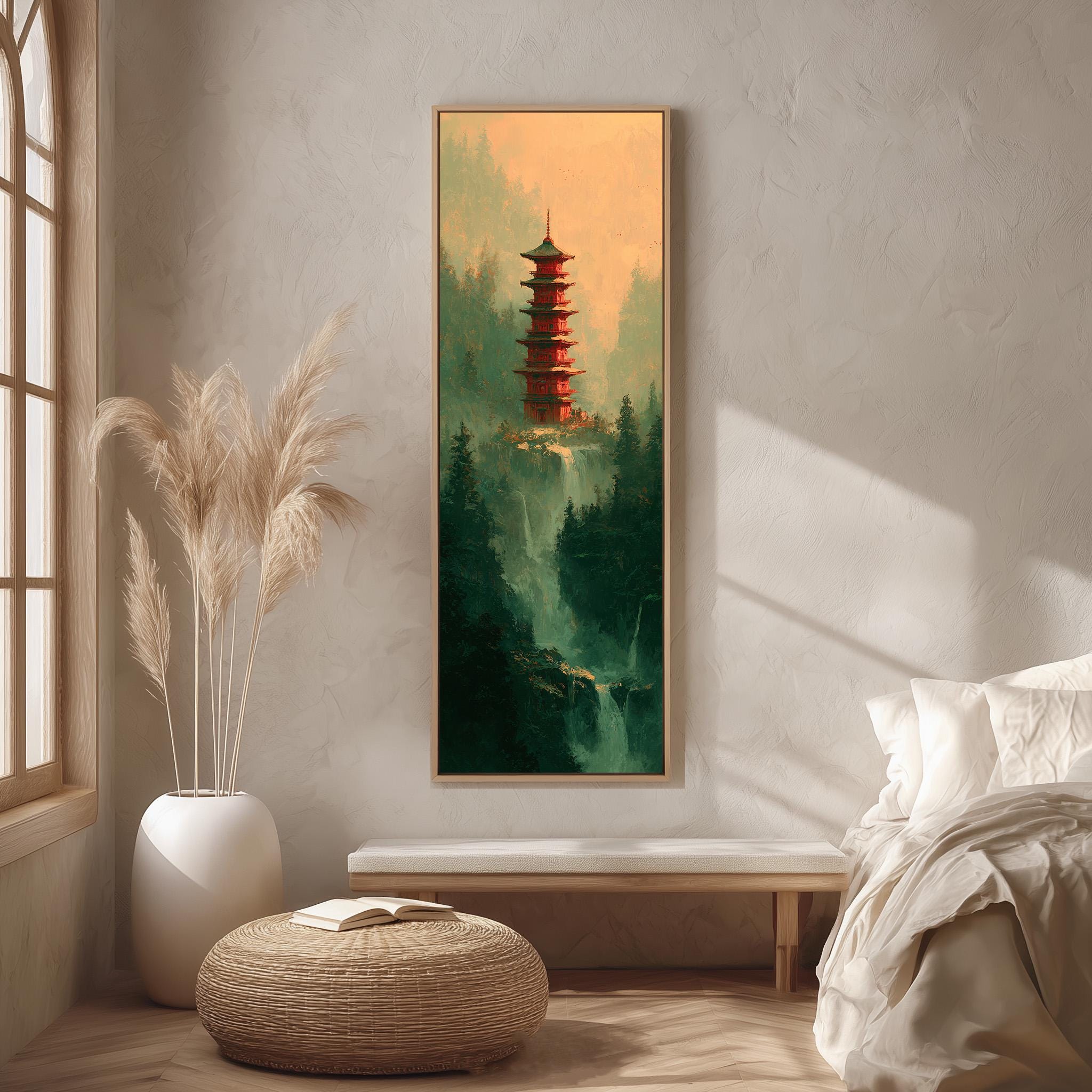 a serene bedroom setting with a large painting of a pagoda-style building in the background, a white bed, a white vase with potted plants, and a wooden bench.