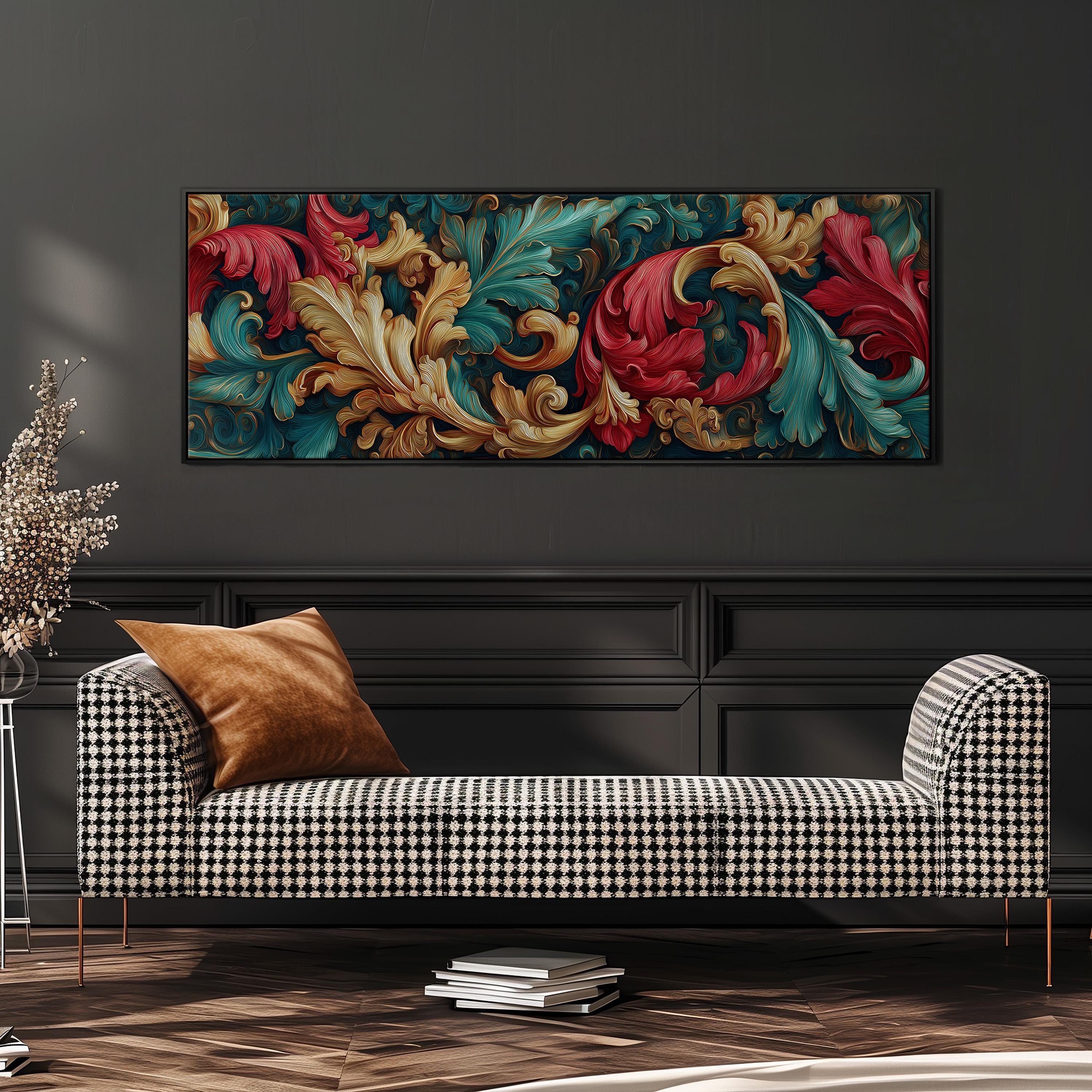 a large, ornate, and colorful painting hanging on a wall above a black and white checkered sofa.