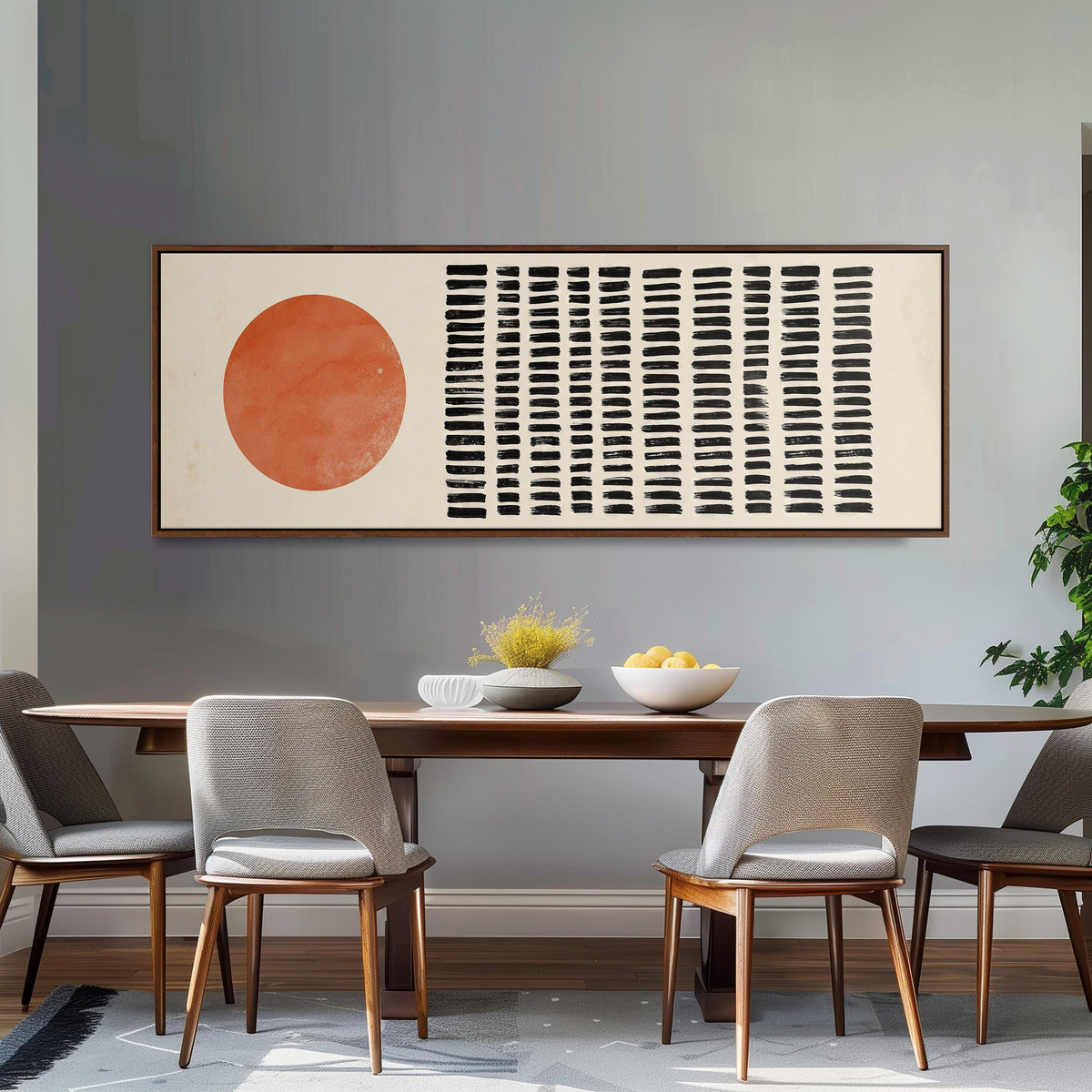Orange sun beside rows of black dashes long horizontal canvas print above a dining table