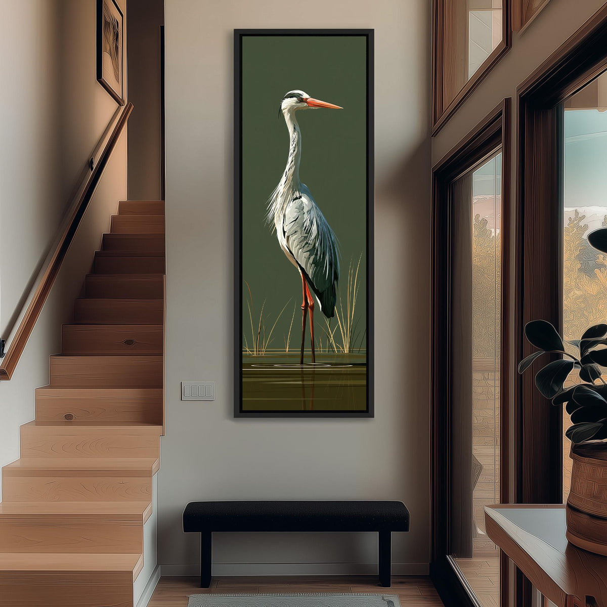 Grey heron standing on olive green tall narrow canvas print beside a staircase in an entryway