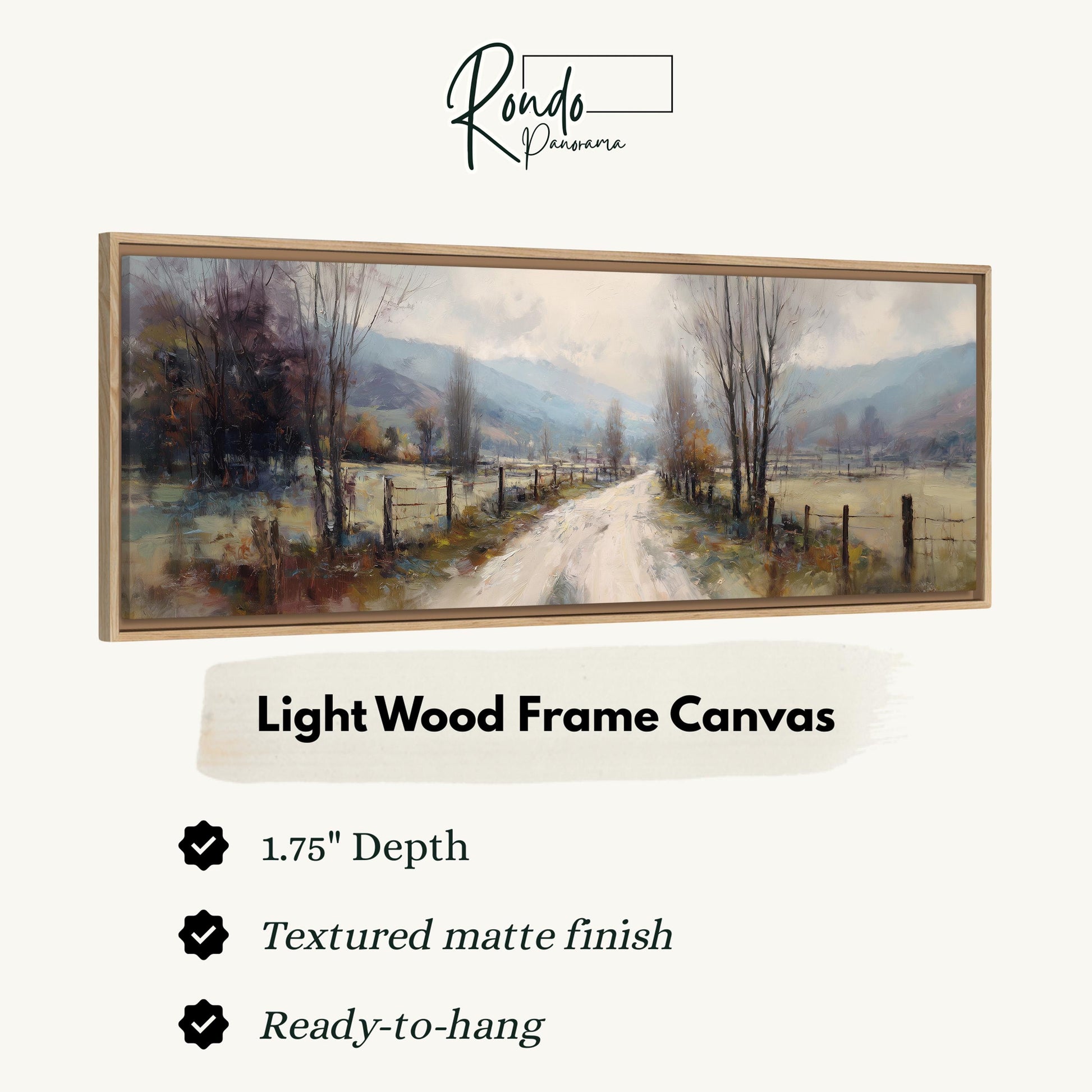 The image is a framed painting depicting a rural landscape with a dirt road leading through a field of trees.