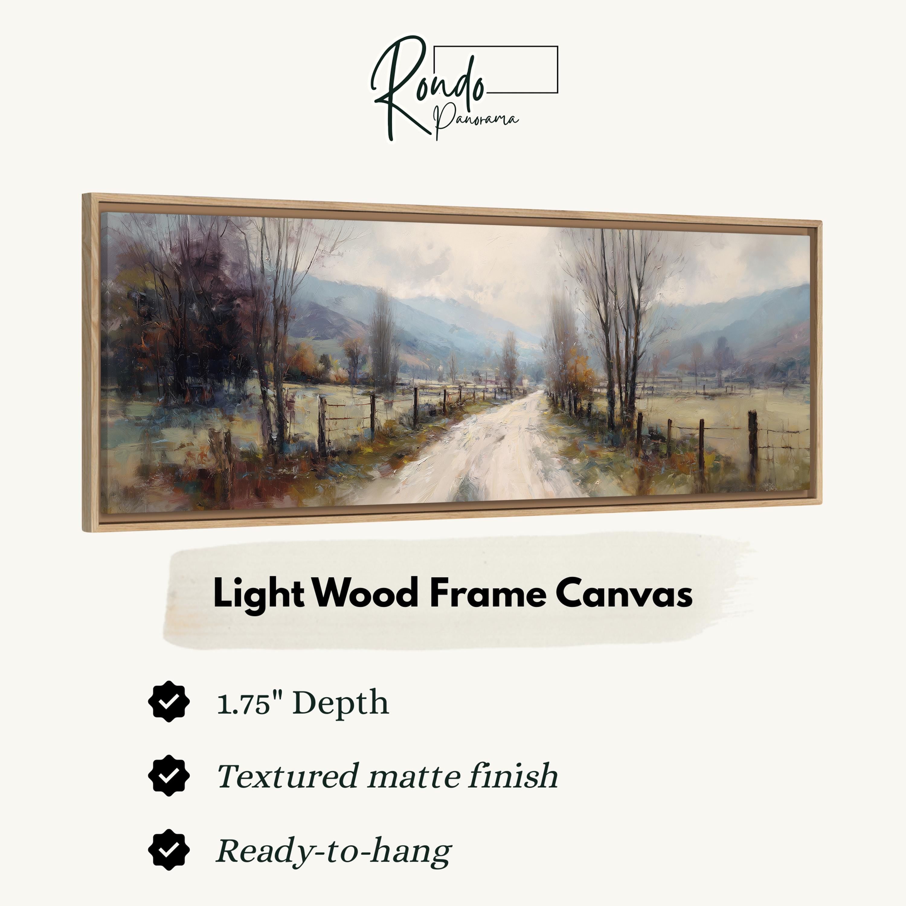 The image is a framed painting depicting a rural landscape with a dirt road leading through a field of trees.