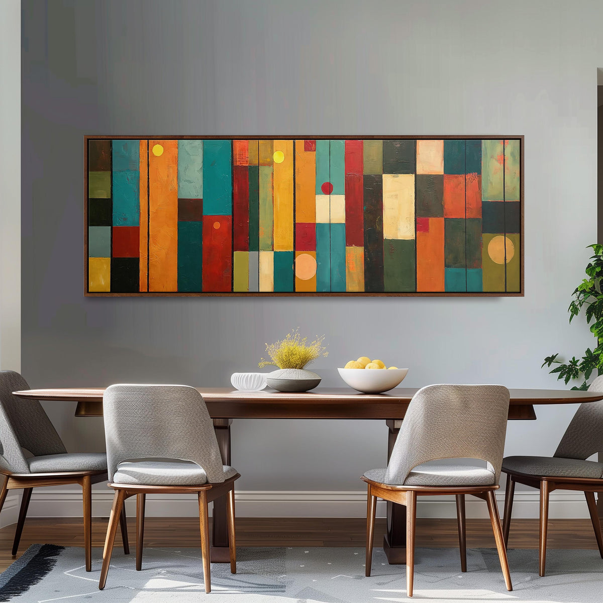 Color block panels with dots long horizontal canvas print above a sofa in a living room
