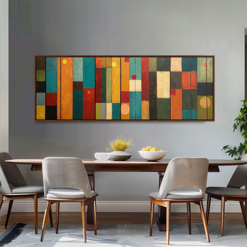 Color block panels with dots long horizontal canvas print above a sofa in a living room