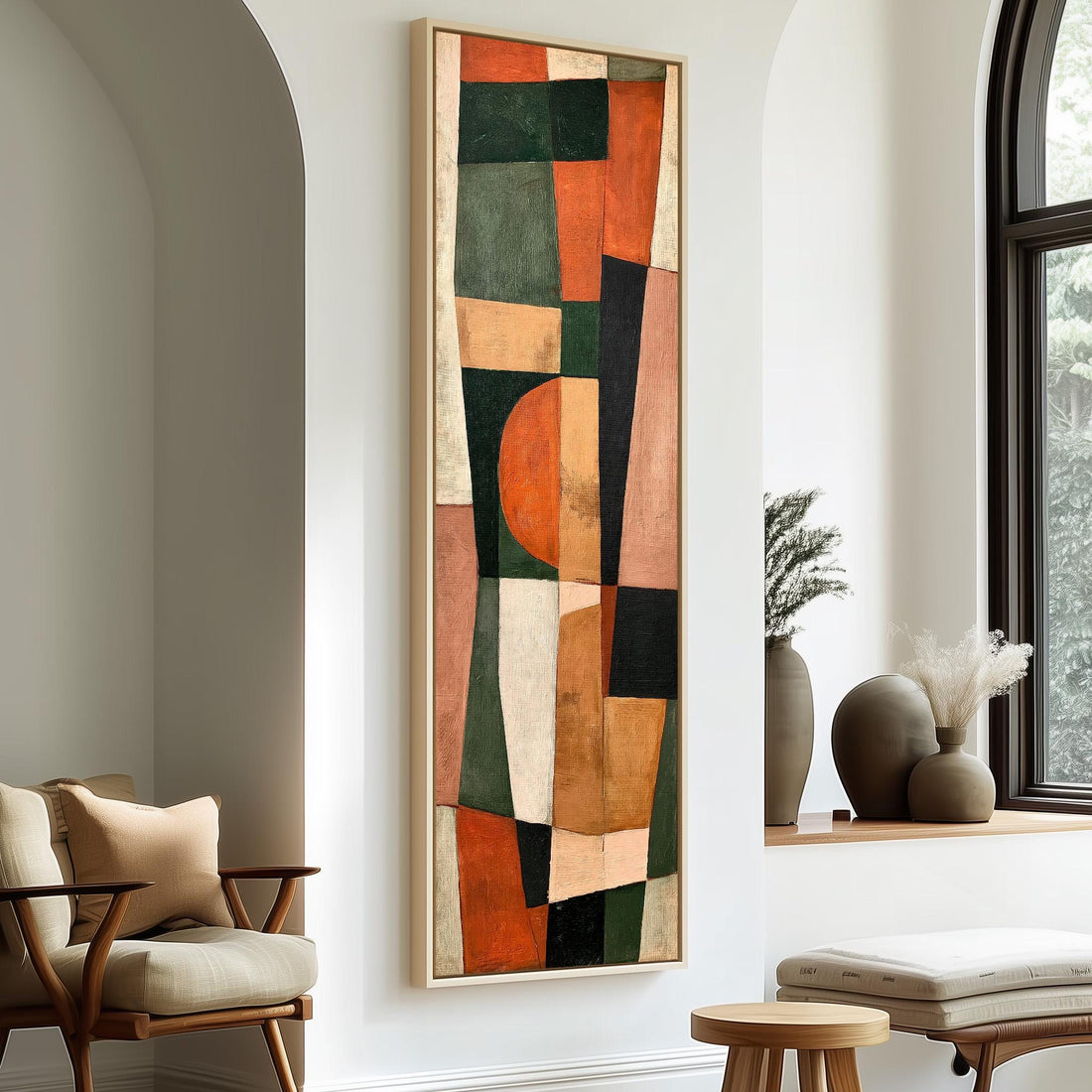 Earthy cubist patchwork of shapes long vertical canvas print in a sunlit living space