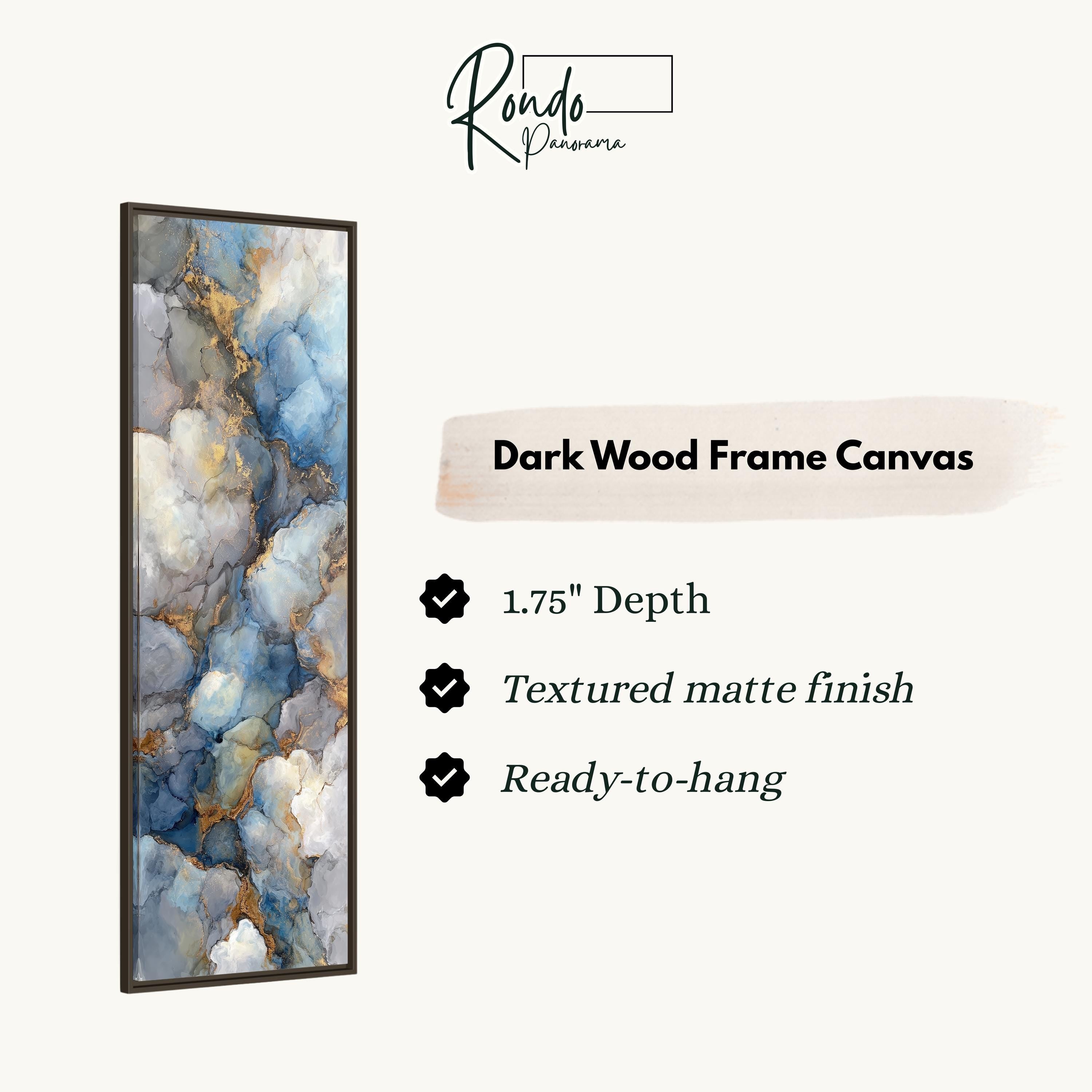 The image is a product advertisement for a dark wood frame canvas. It features a close-up of a textured matte finish and a 1.75" depth. The text highlights the canvas's features, such as its texture and depth, and mentions that it is ready to hang.