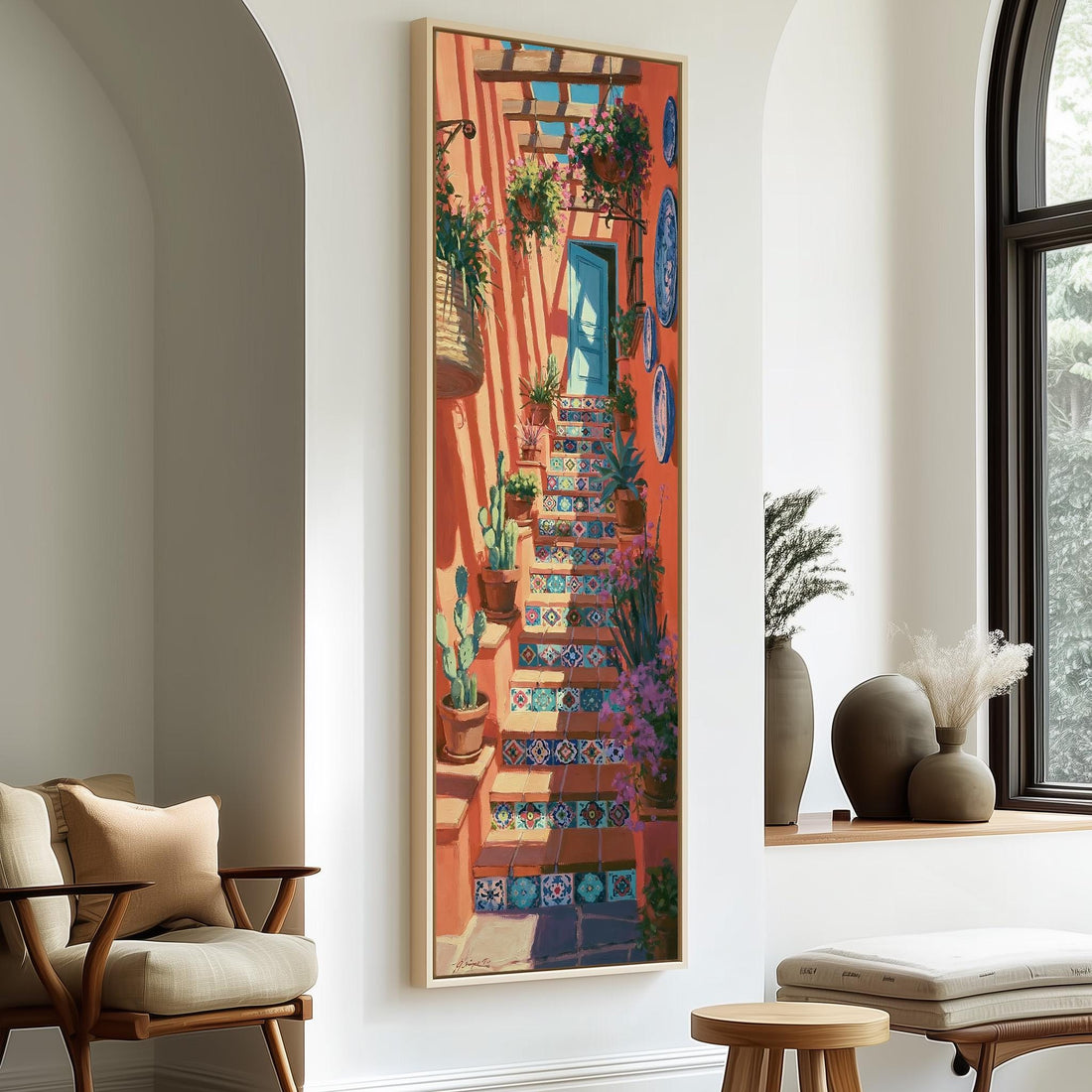 Colorful tiled staircase in a courtyard long vertical canvas print in a sunlit living space
