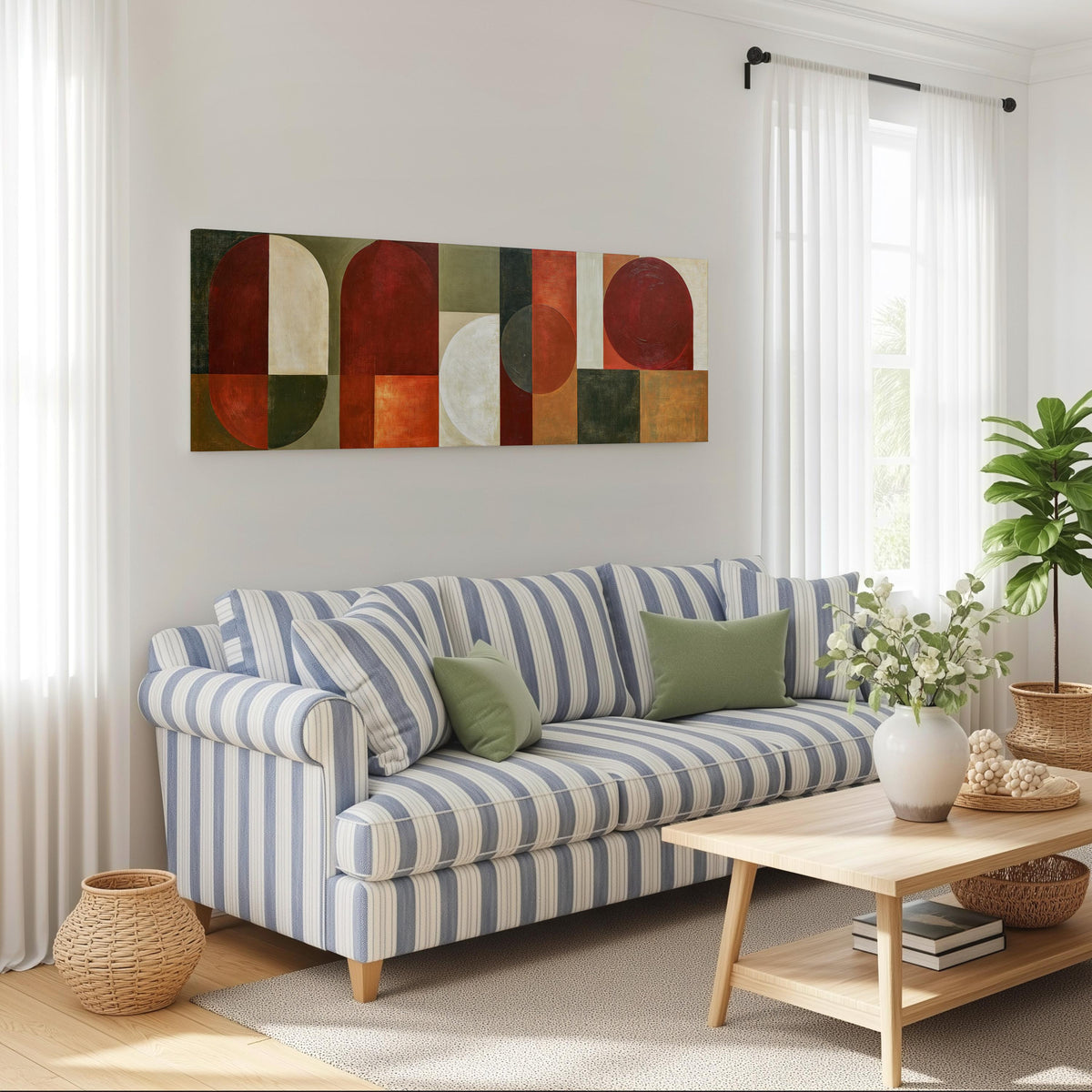 Maroon and olive geometric arches long horizontal canvas print above a striped sofa in a coastal living room