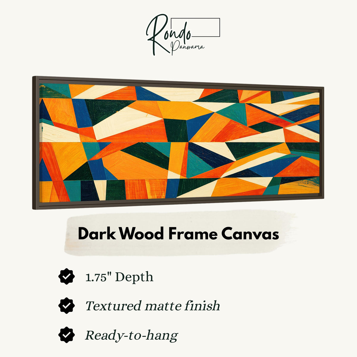 Orange and teal triangle mosaic canvas print in a dark wood floating frame