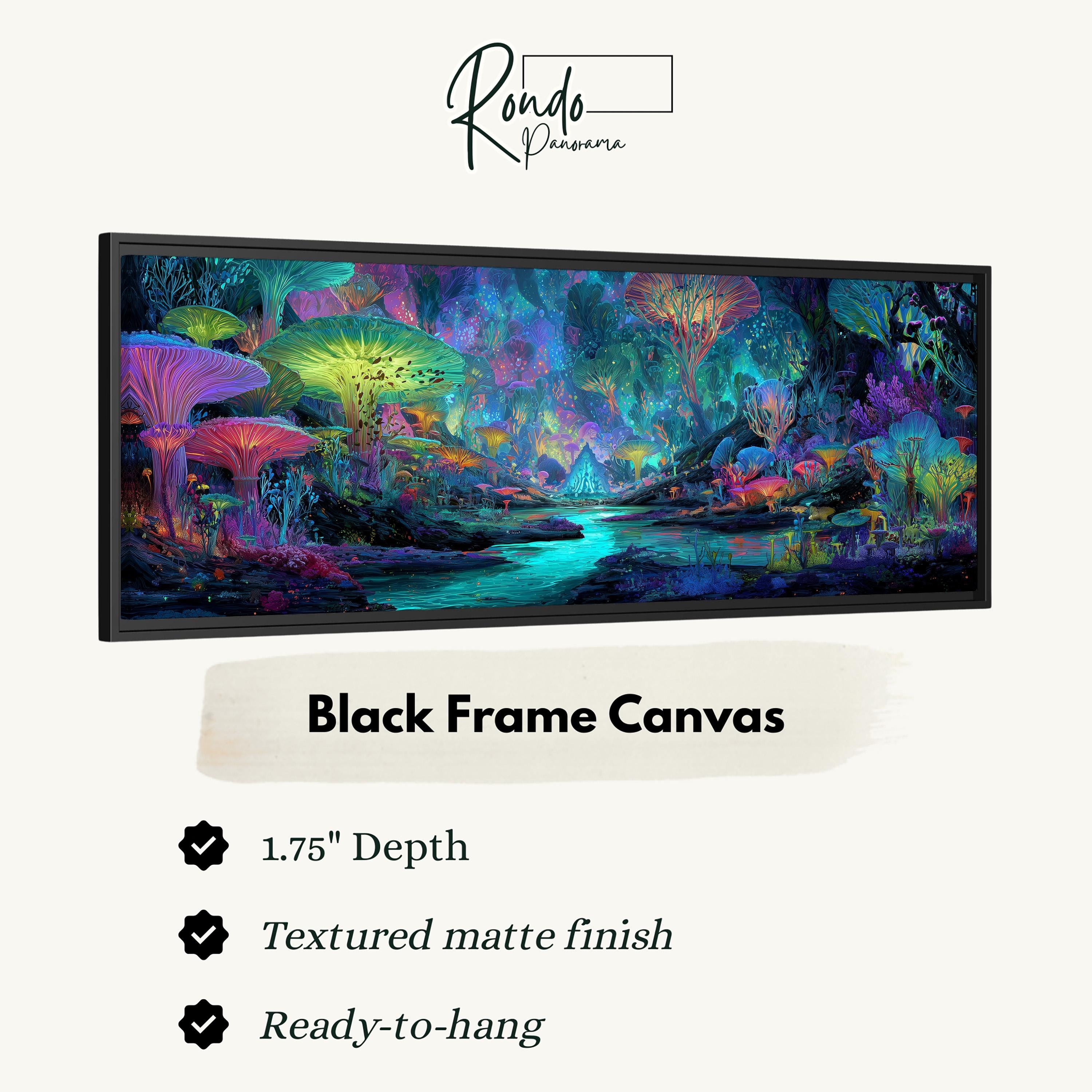 The image is a black frame canvas depicting a vibrant, fantastical forest scene with mushrooms, plants, and a winding river.