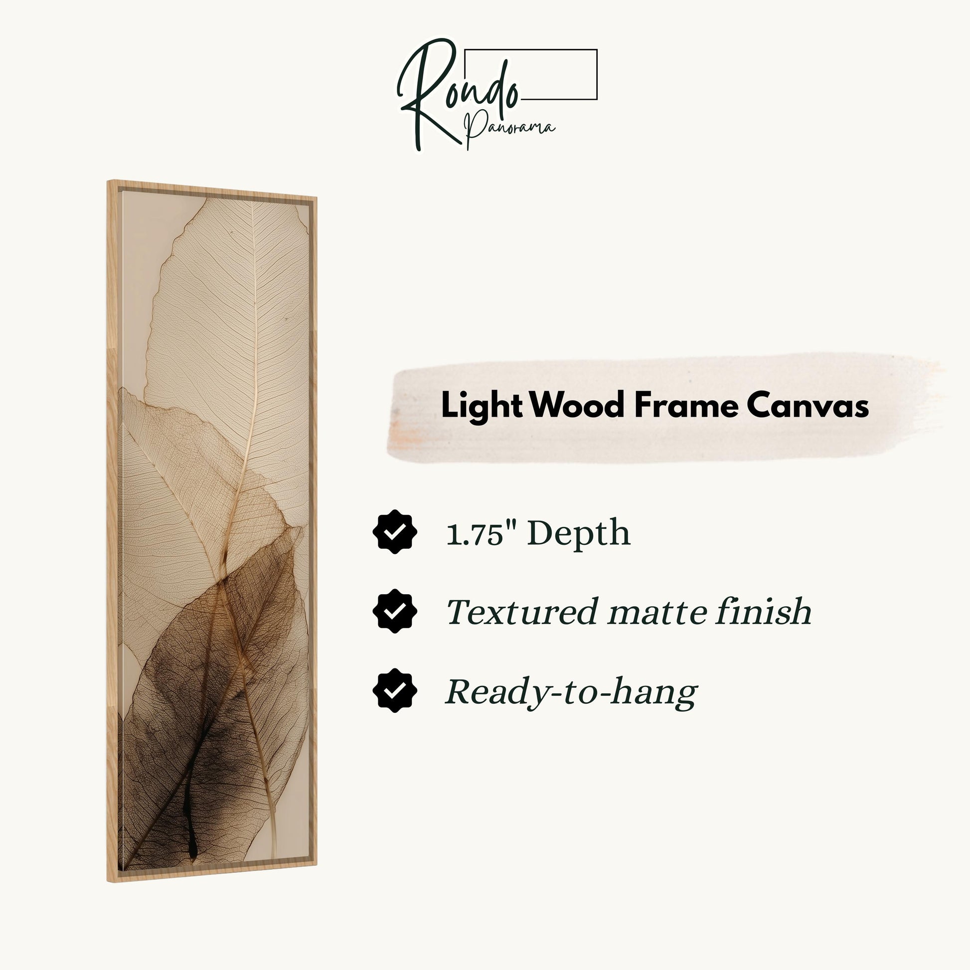 The image is a product description for a light wood frame canvas. It features a close-up of a leaf-like design on the canvas, along with some text providing details about the product.