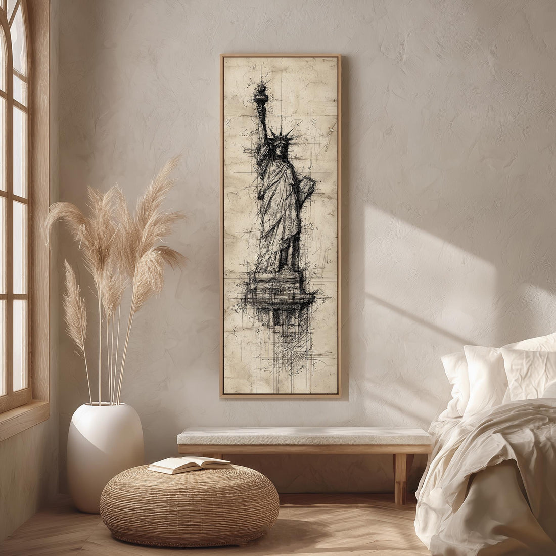 a large framed drawing of the Statue of Liberty on a wall.
