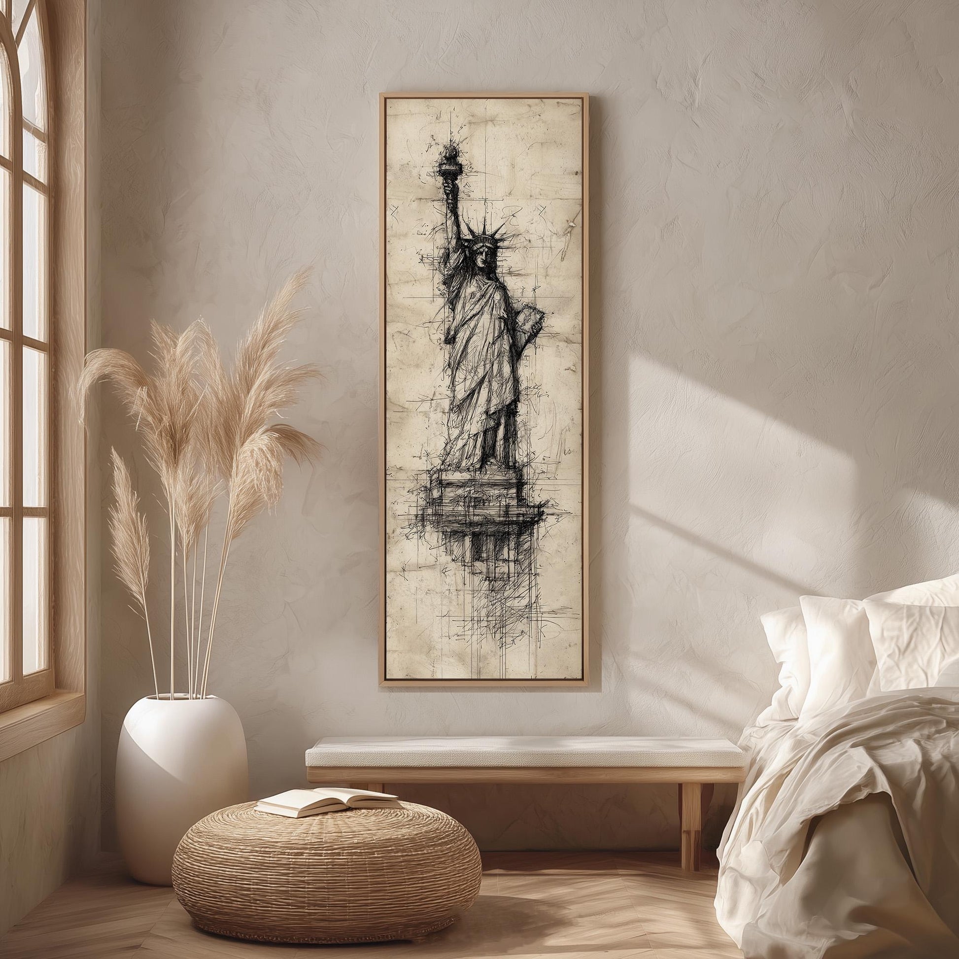 a large framed artwork of the Statue of Liberty hanging on a wall in a room with a bed, a potted plant, and a woven ottoman.