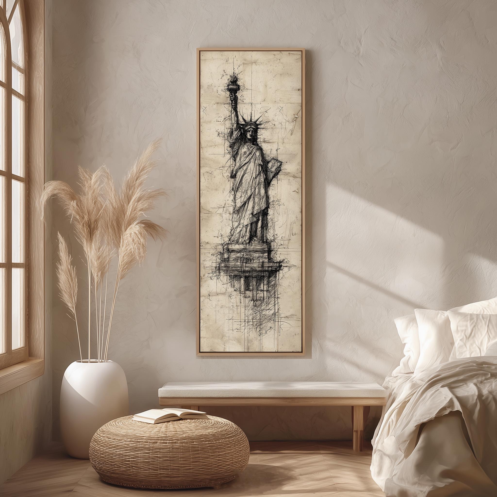 a large framed artwork of the Statue of Liberty hanging on a wall in a room with a bed, a potted plant, and a woven ottoman.