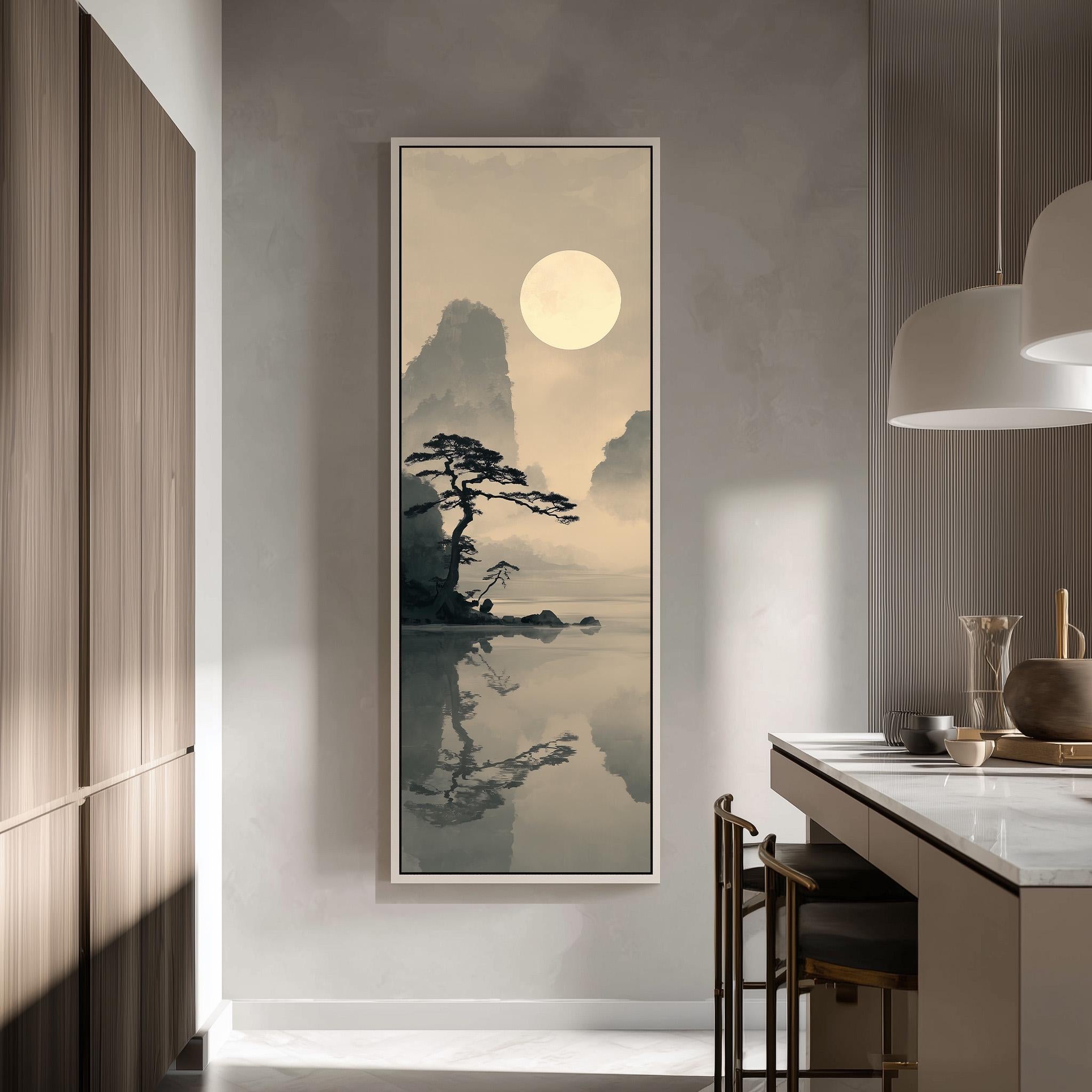 a serene landscape with a large tree reflected in a calm body of water, creating a peaceful and tranquil atmosphere.