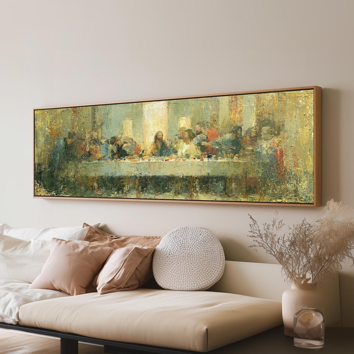 The Last Supper in golden impasto texture long horizontal canvas print above a sofa in a living room