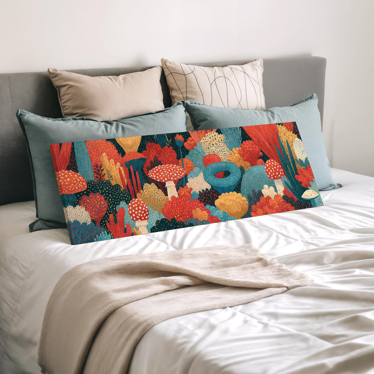 Mushroom and flower garden on teal wide panoramic canvas print laid on a bed to show its size