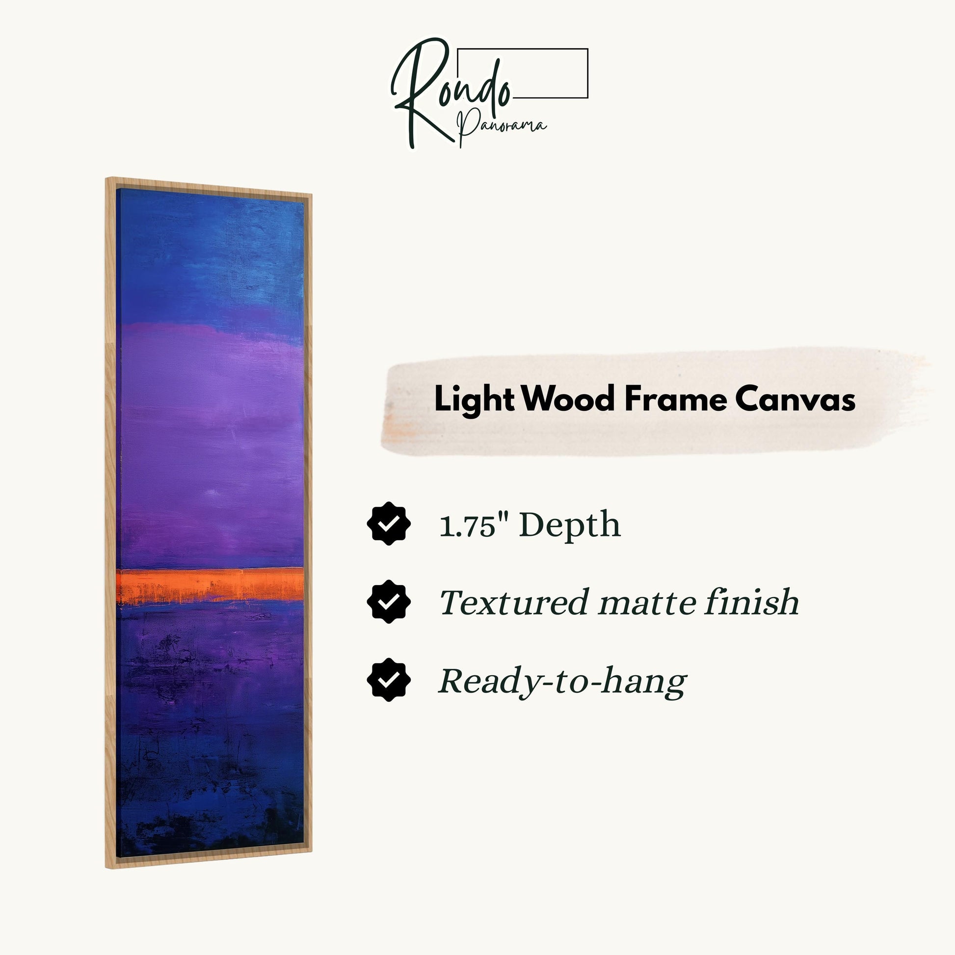 The image is a product advertisement for a light wood frame canvas. It features a vertical painting with a purple and orange gradient background, and provides details about the product, including its dimensions, finish, and hanging capabilities.