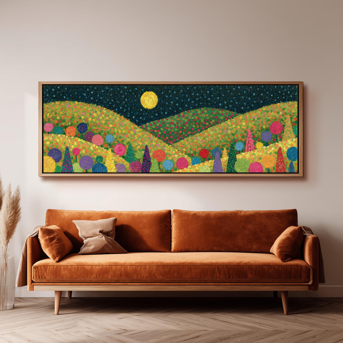 Moonlit pastel flower hills long horizontal canvas print above a sofa in a living room