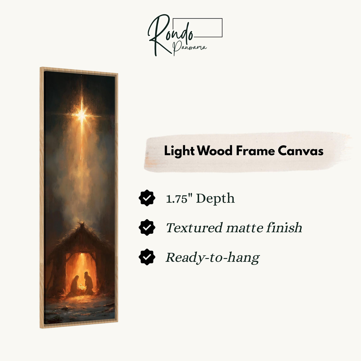 Star of Bethlehem shining over the manger canvas print in a light wood floating frame