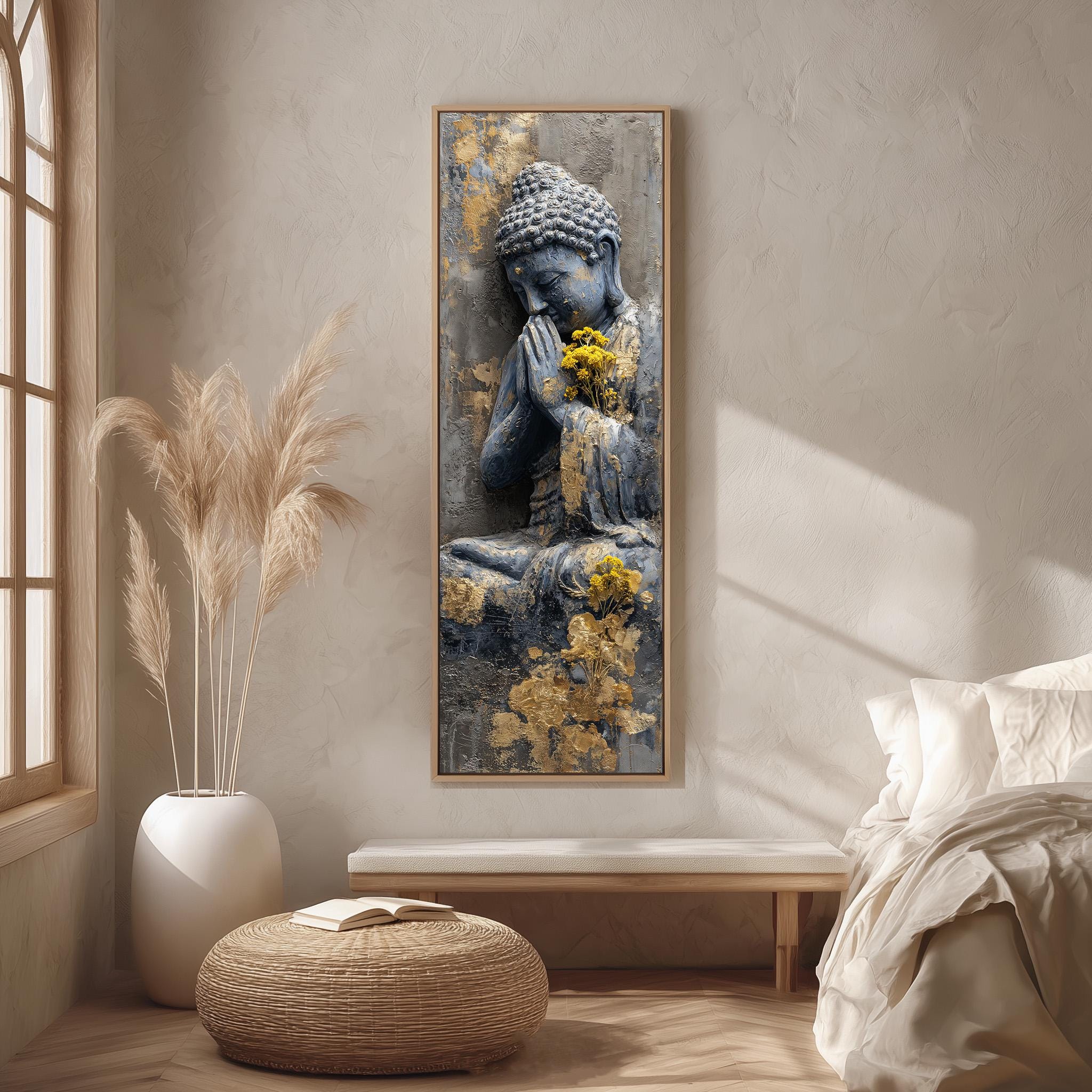 a large framed painting of a Buddha statue with a pensive expression, hanging on a wall in a minimalist bedroom setting.