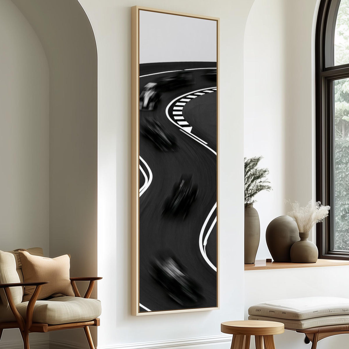 Race cars blurring around a curved track tall skinny canvas print in a sunlit living space