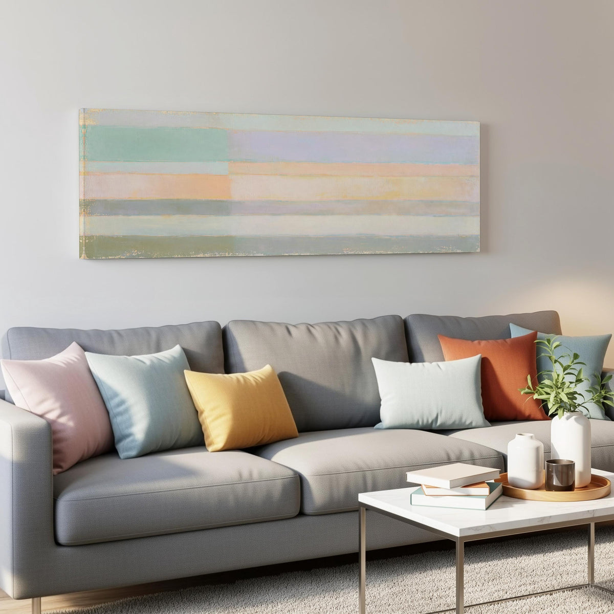 Mint, lavender and peach pastel bands panoramic canvas print above a grey sofa in a living room