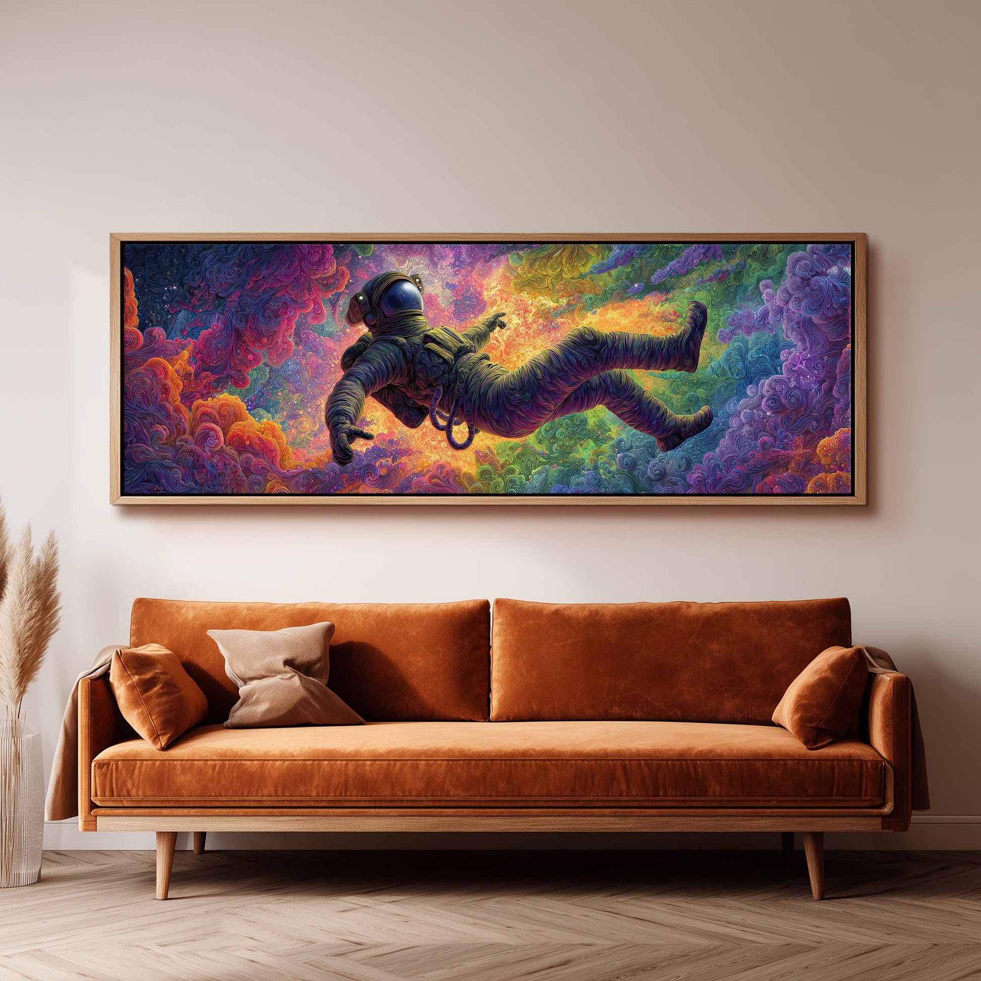 a large, colorful painting of an astronaut floating in a cosmic scene, hanging on a wall above a brown sofa.