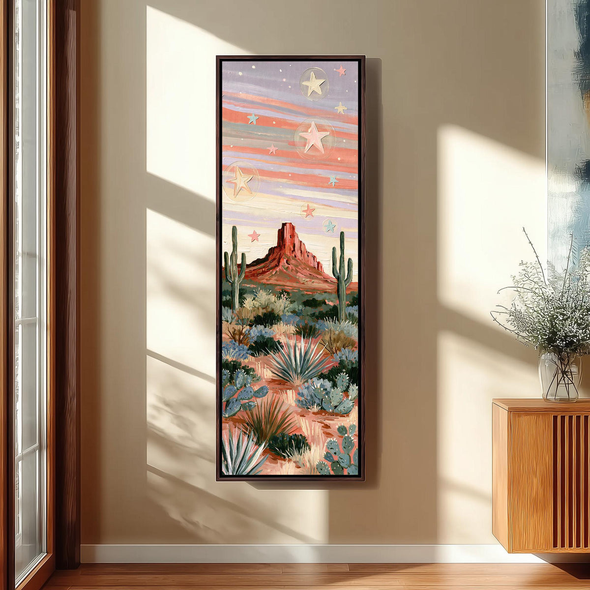 Red butte and cacti under a pastel starry sky long vertical canvas print in a sunlit living space