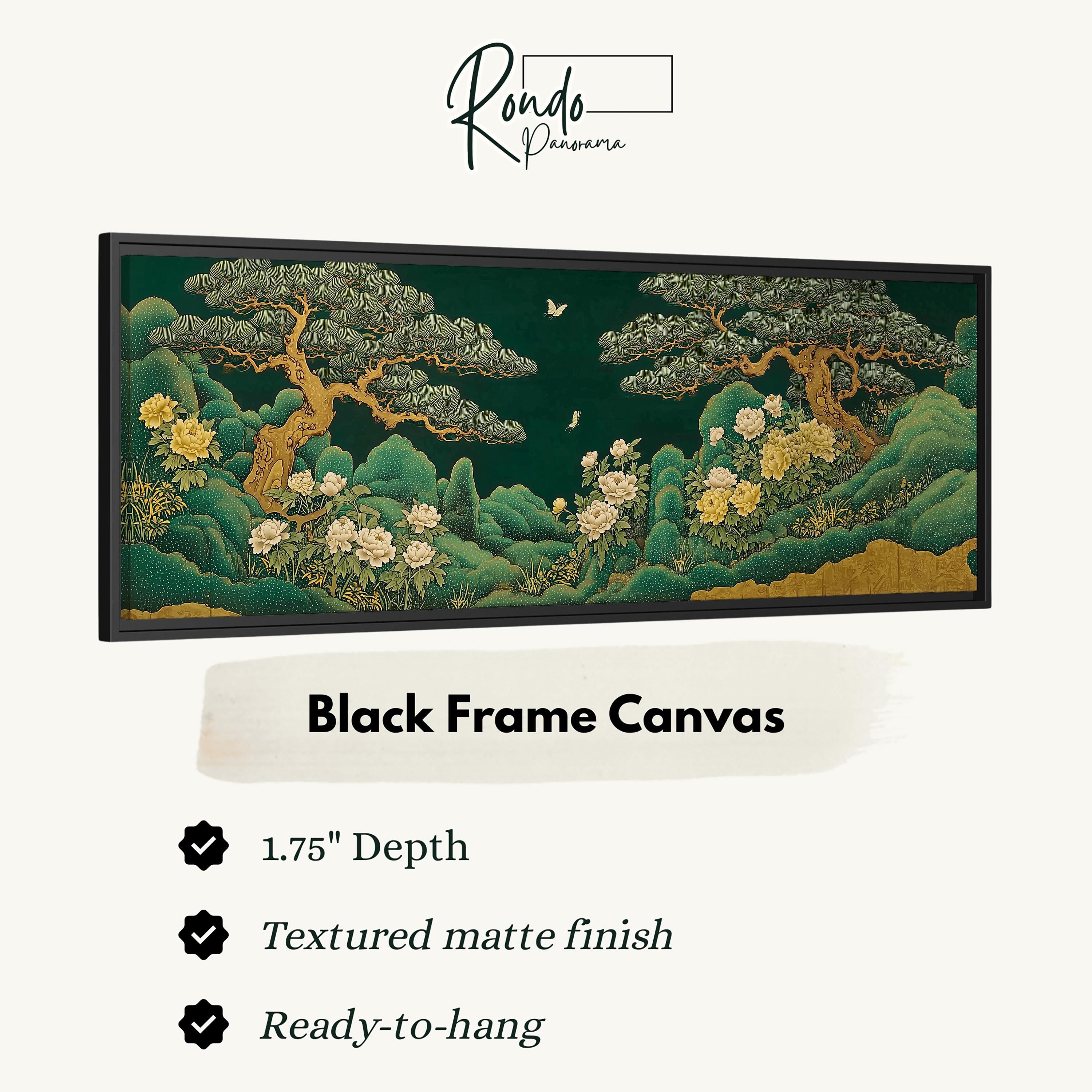 The image is a black frame canvas depicting a lush, verdant landscape with trees, flowers, and a pond.