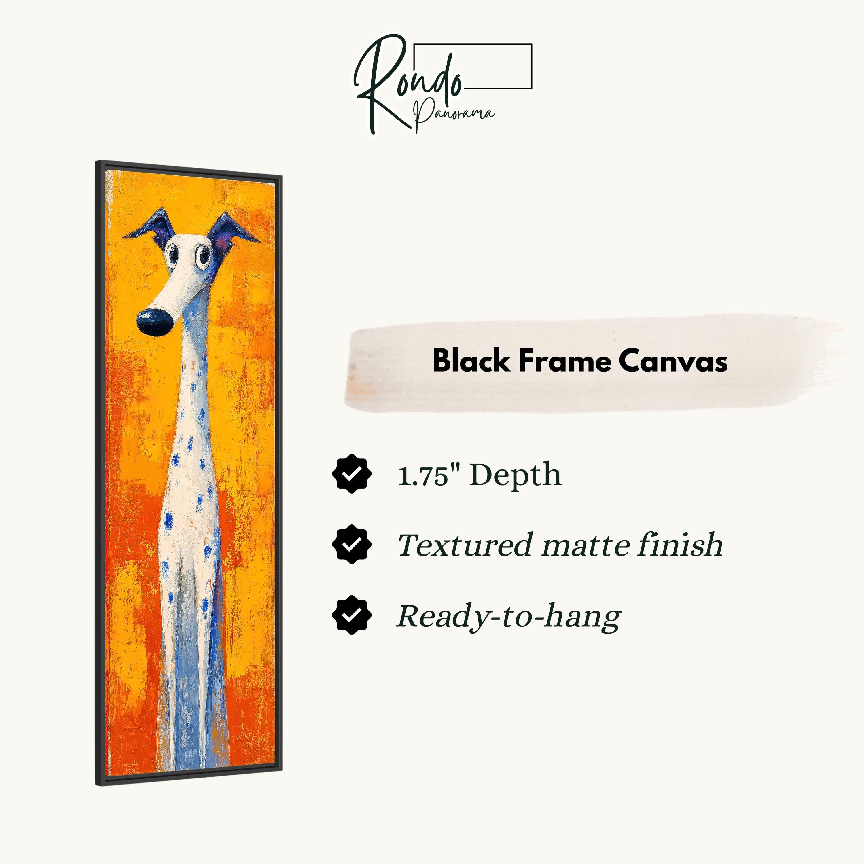 a black frame canvas with a painting of a dog in an orange and blue color scheme.