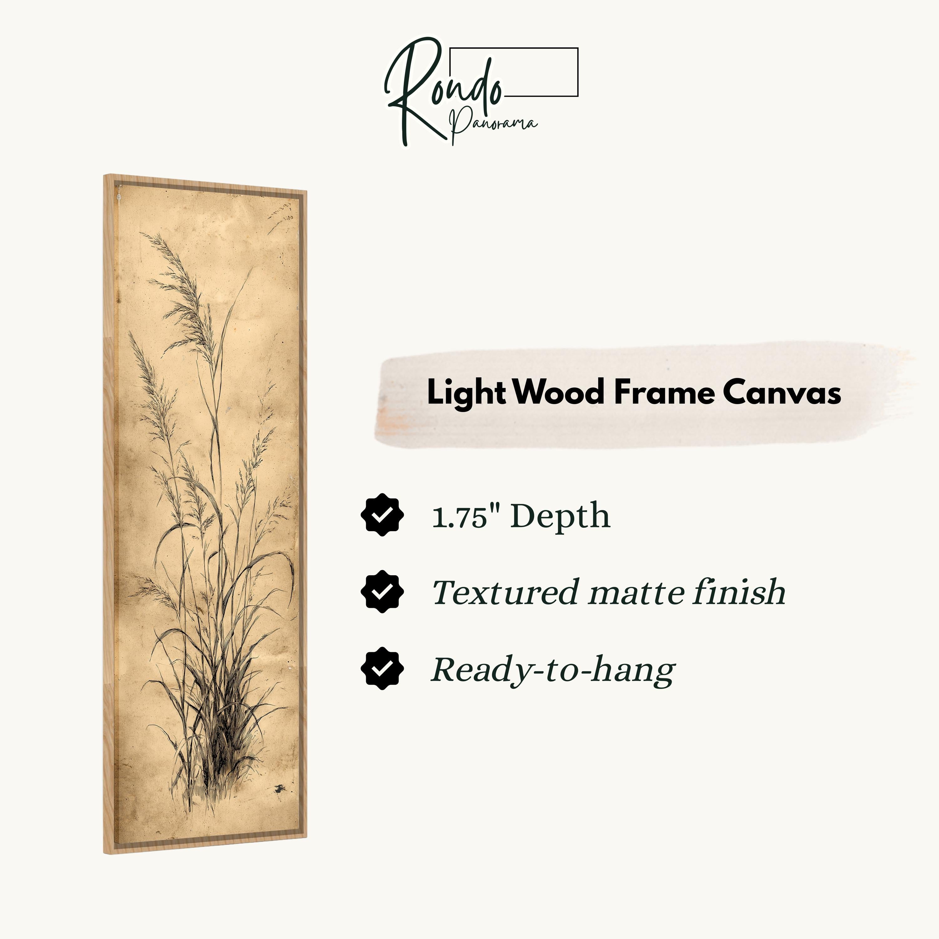 The image is a light wood frame canvas featuring a detailed illustration of tall grasses or reeds.