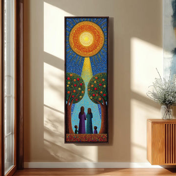 a large, colorful painting hanging on a wall, depicting a family of three standing in front of a sun-filled landscape with trees and a radiant sun.