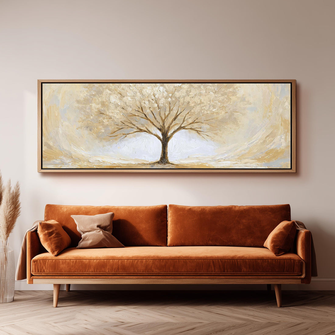 Golden winter tree long horizontal canvas print above a sofa in a living room