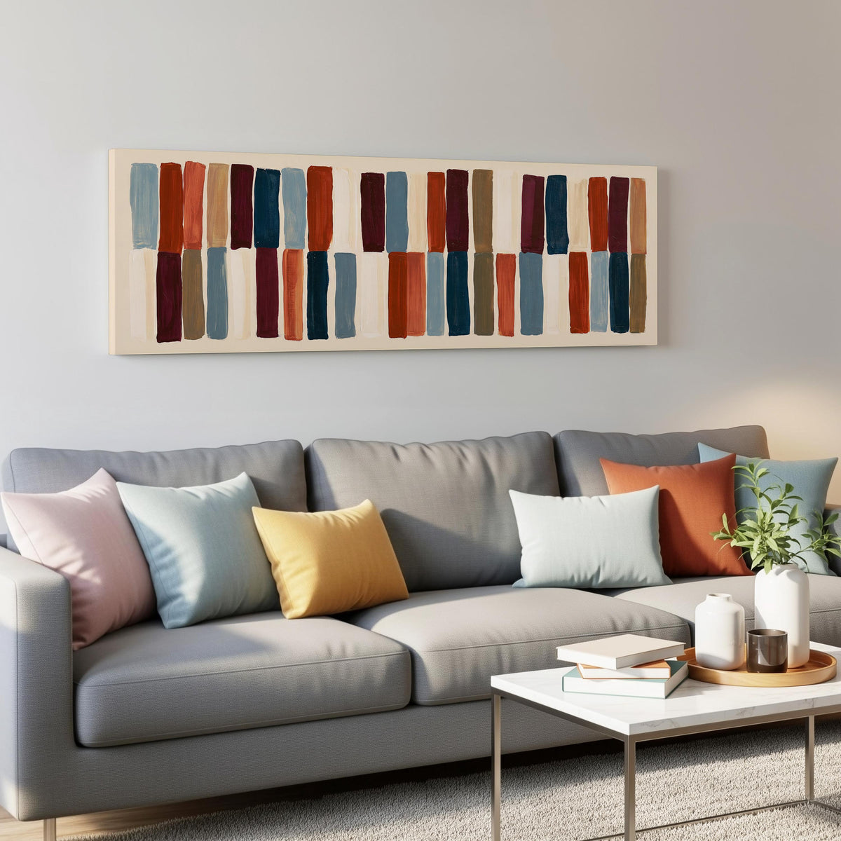 Two tiers of staggered stripe blocks panoramic canvas print above a grey sofa in a living room