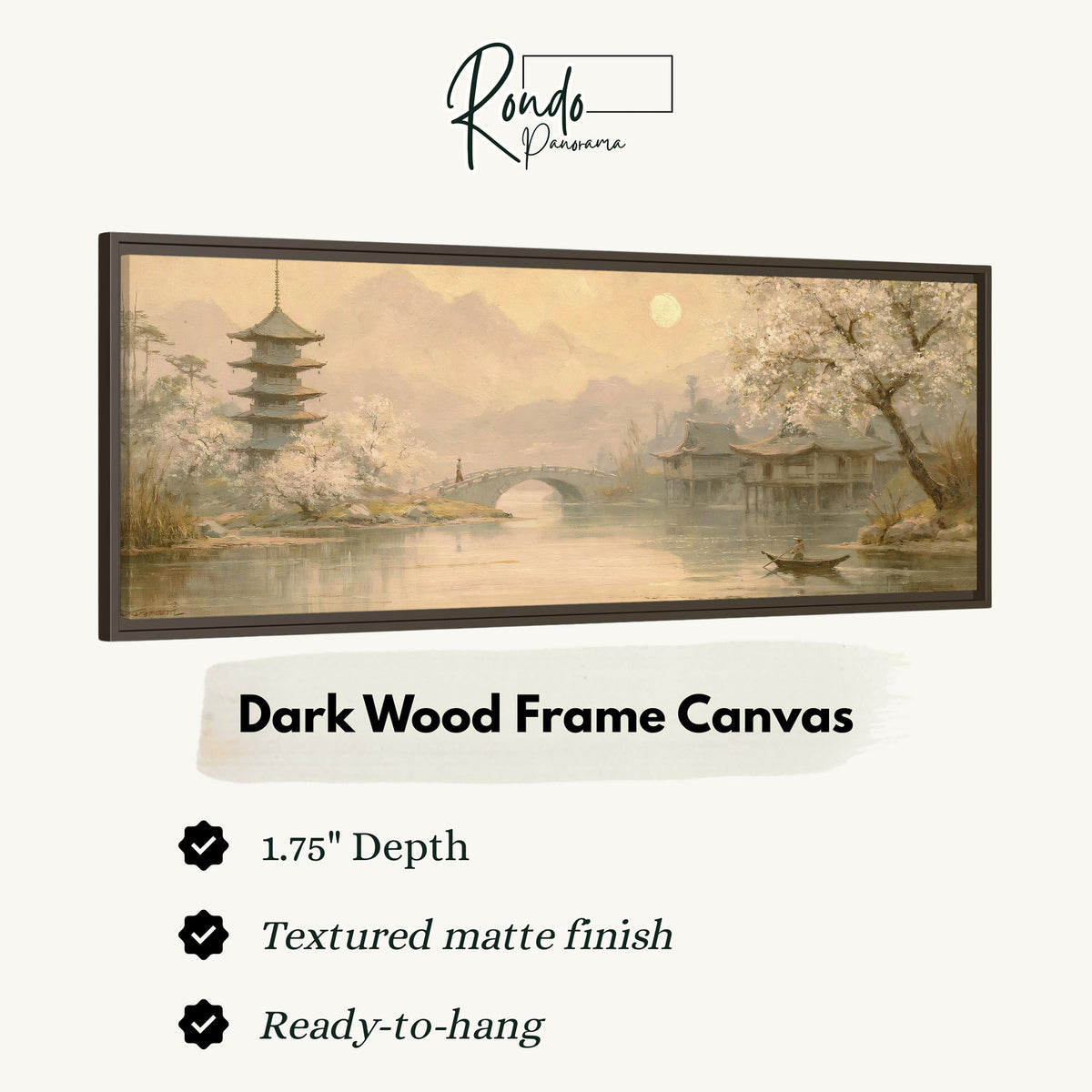 Pagoda and stone bridge at dusk canvas print in a dark wood floating frame