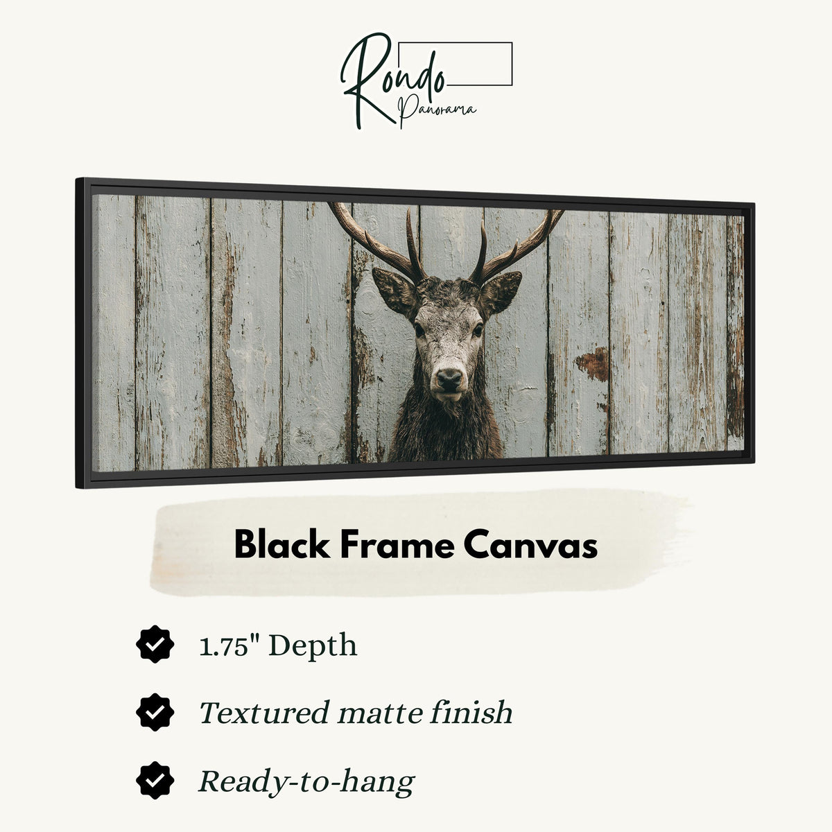 Monochrome stag on barn wood canvas print in a black floating frame