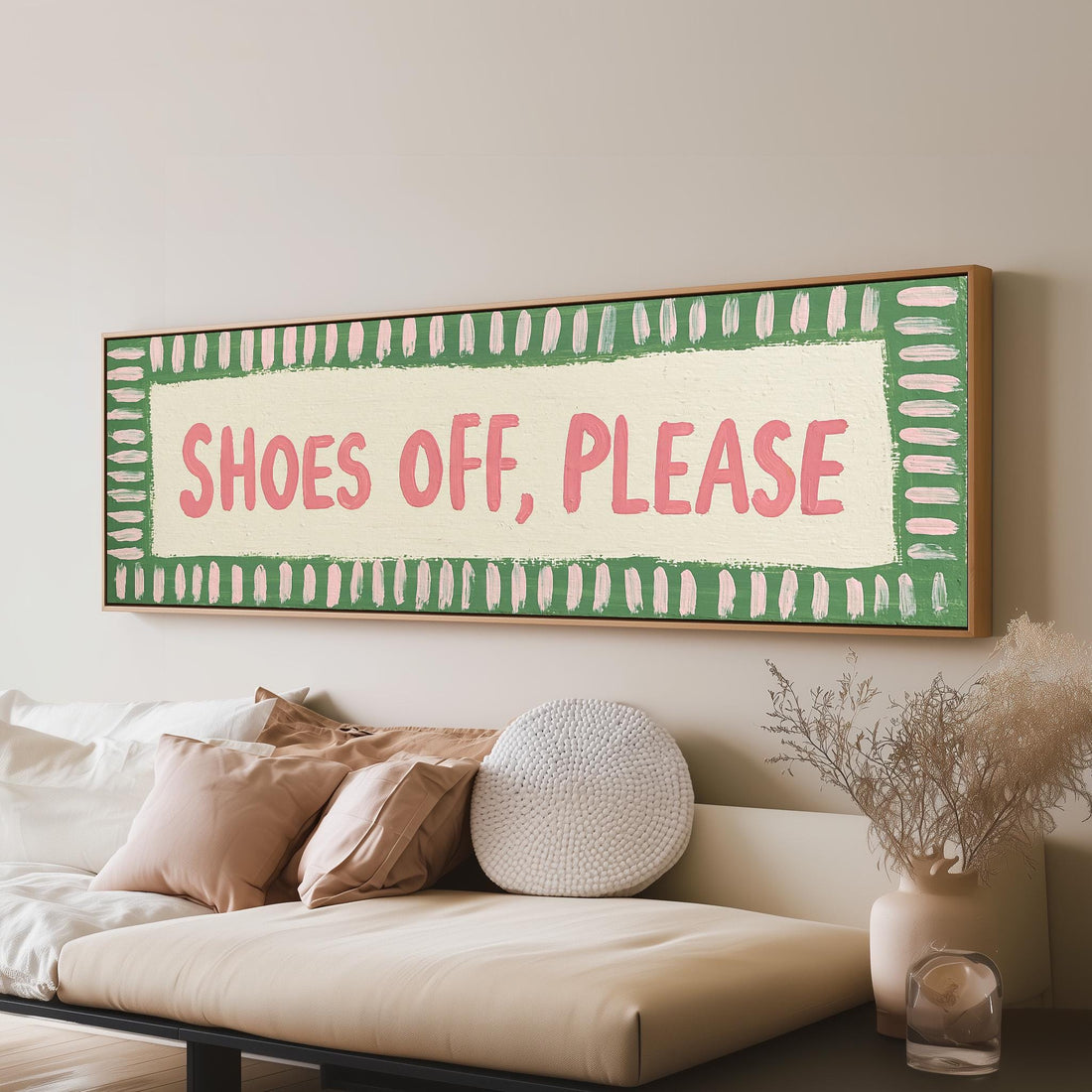 Shoes off, please sign long horizontal canvas print above a sofa in a living room