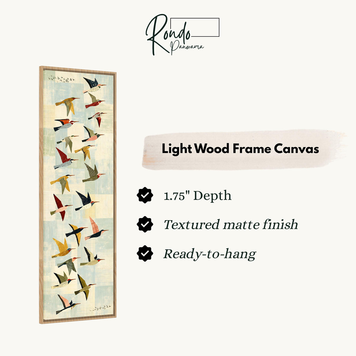 Collage of colorful birds in flight canvas print in a light wood floating frame
