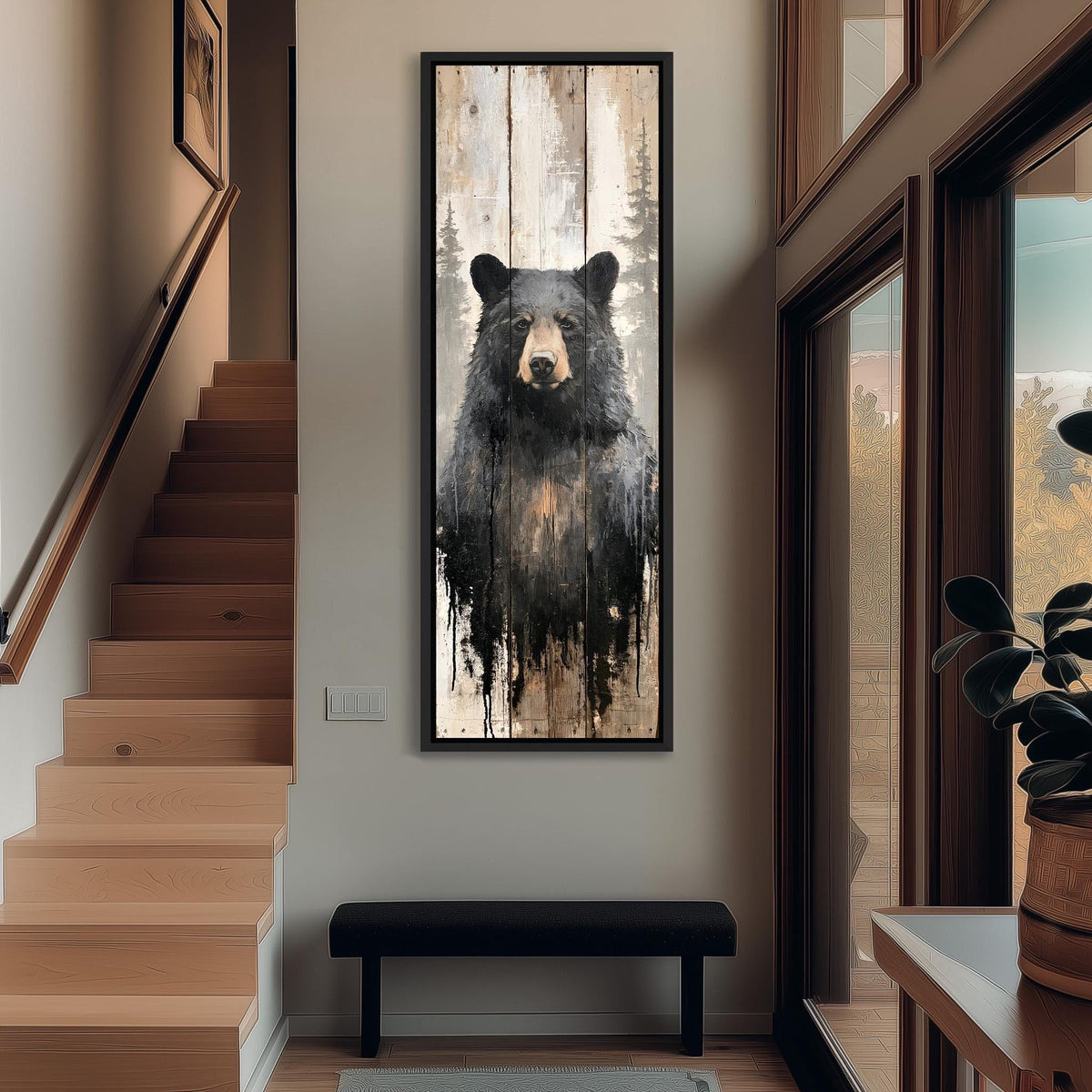 Black bear on weathered barn wood tall narrow canvas print beside a staircase in an entryway