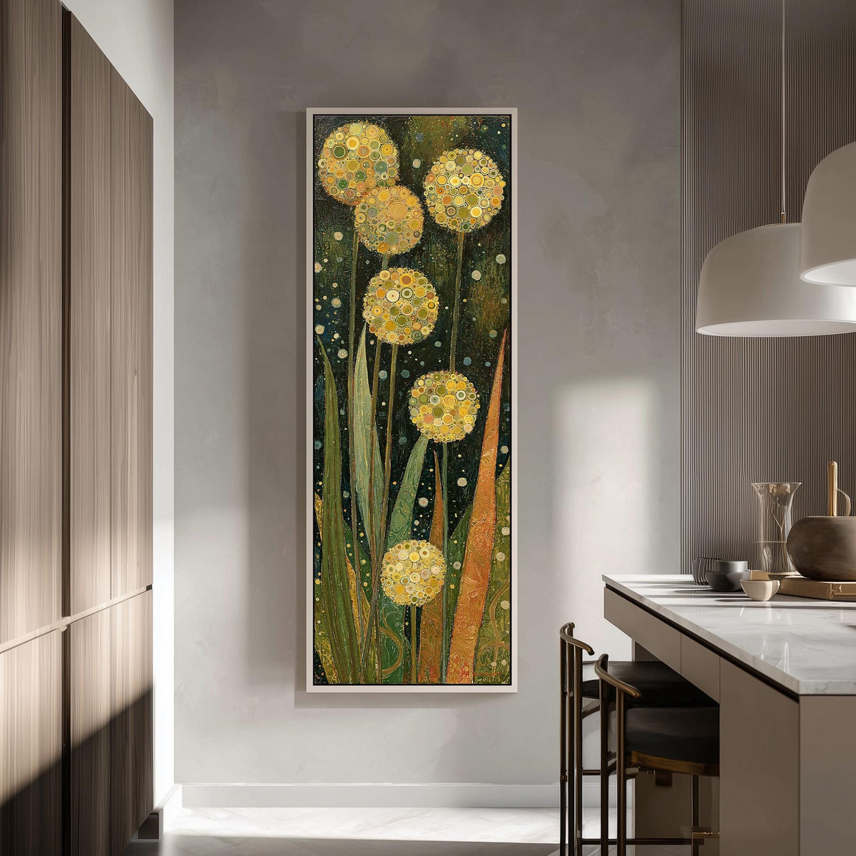 Golden allium blooms tall skinny canvas print in a modern kitchen